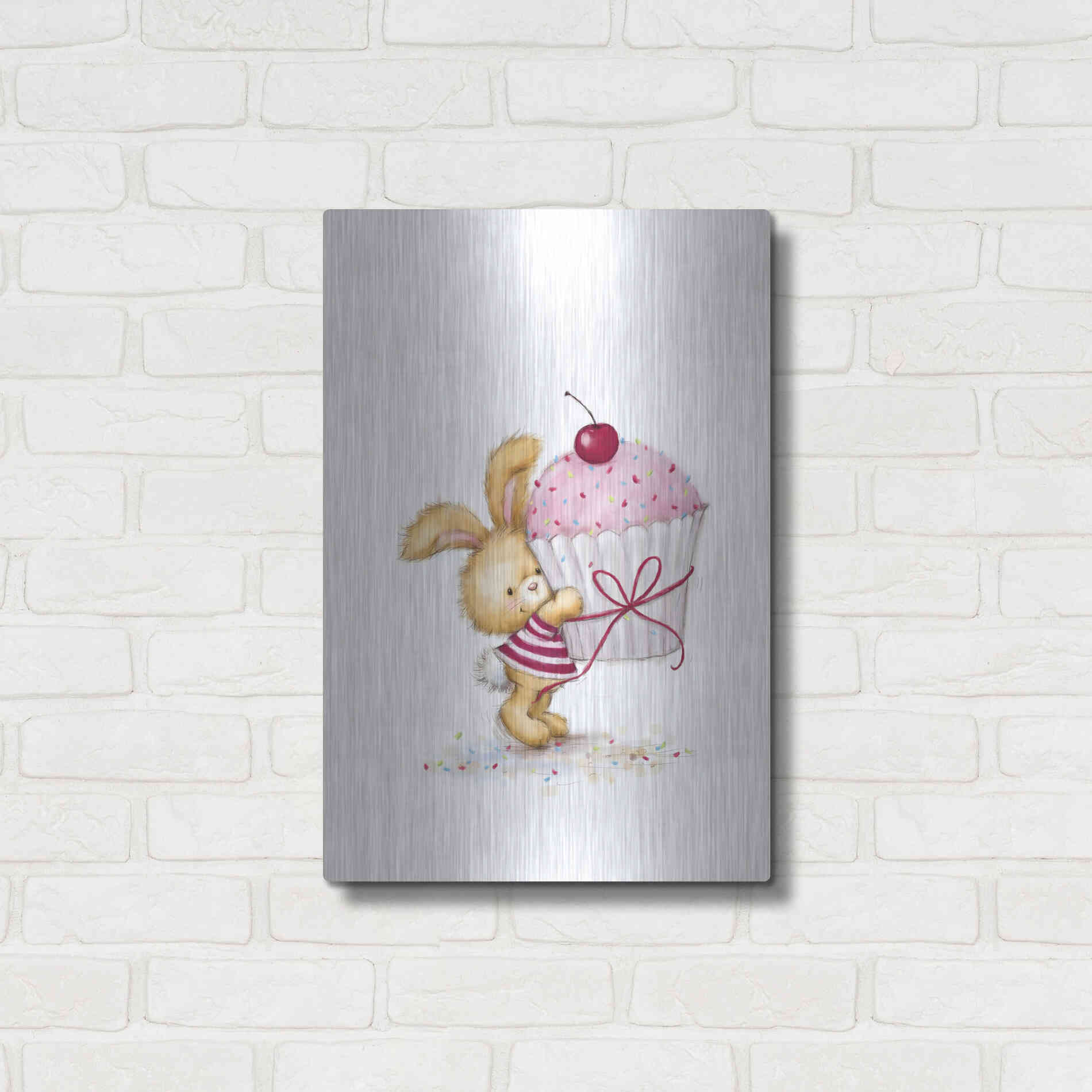 Luxe Metal Art 'Rabbit with Big Cake' by Makiko, Metal Wall Art,16x24