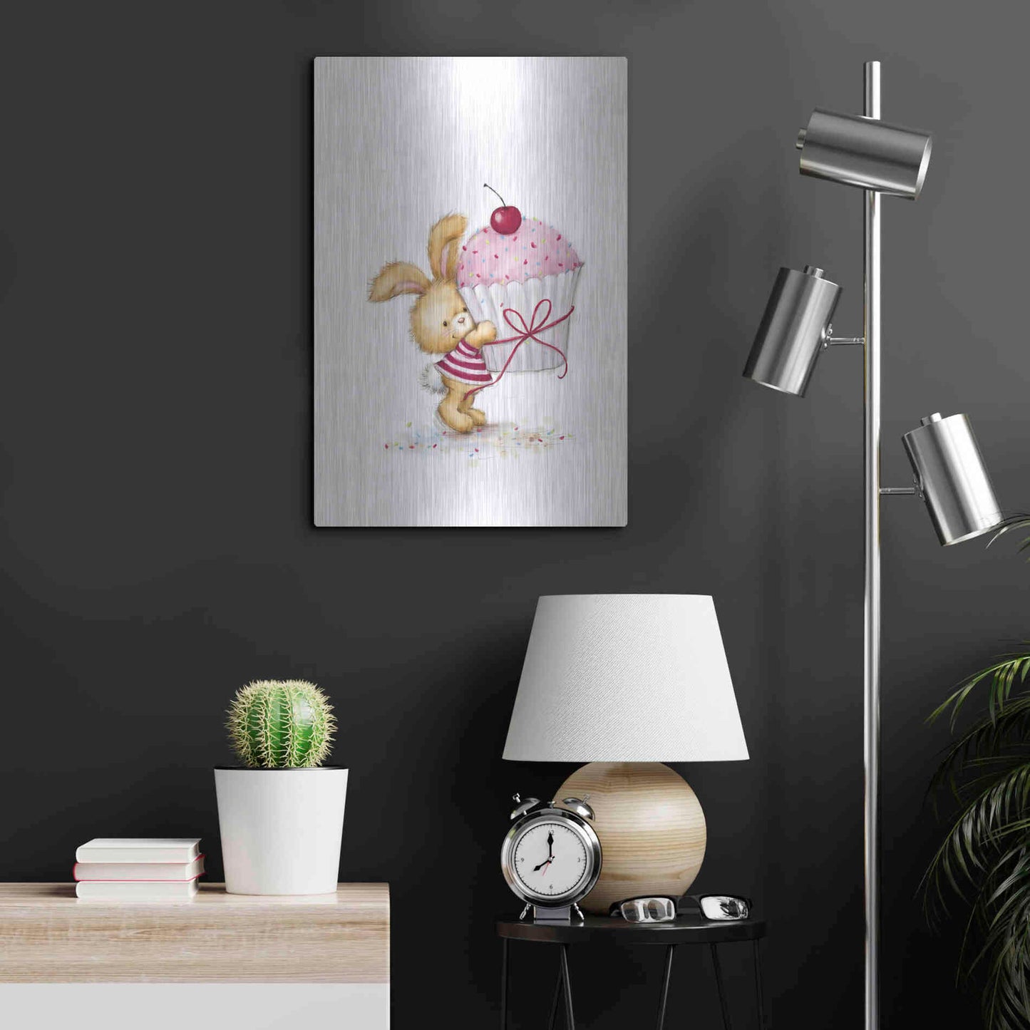 Luxe Metal Art 'Rabbit with Big Cake' by Makiko, Metal Wall Art,16x24