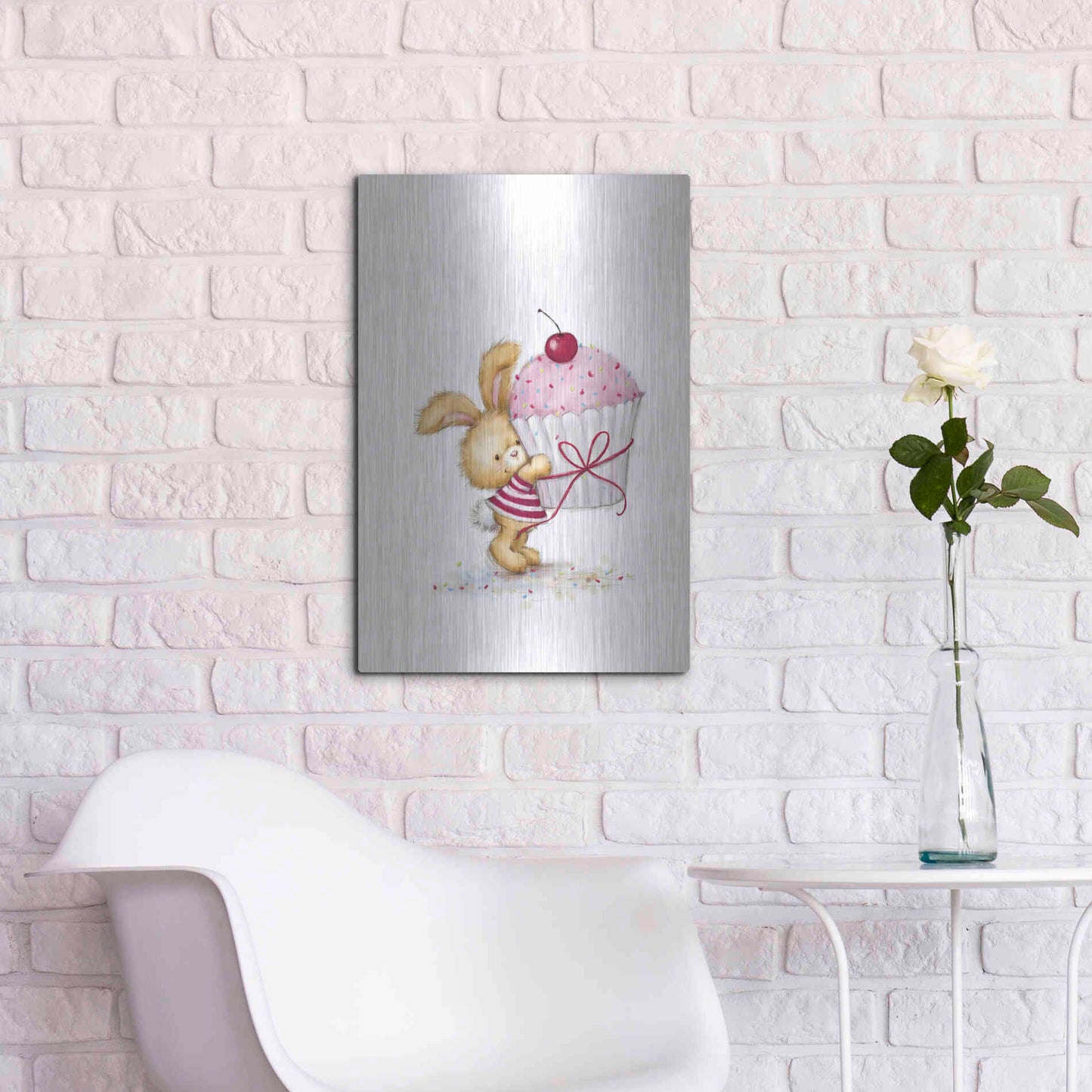 Luxe Metal Art 'Rabbit with Big Cake' by Makiko, Metal Wall Art,16x24