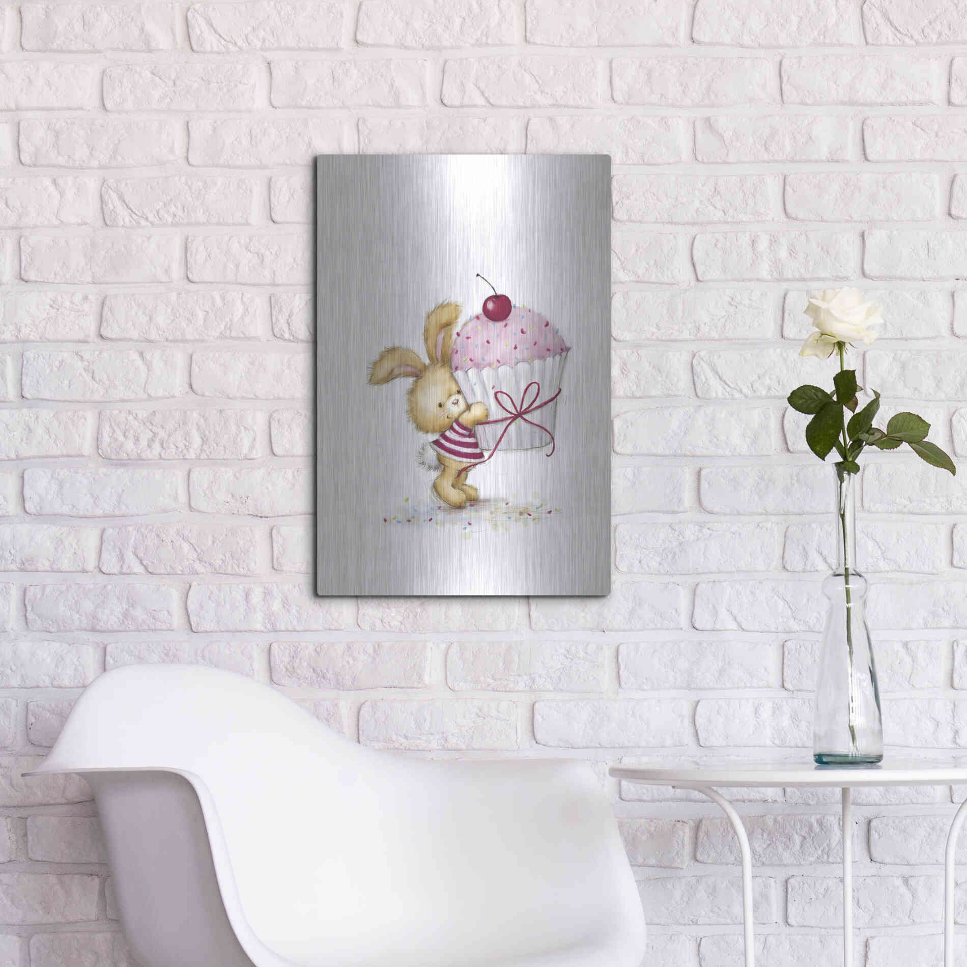 Luxe Metal Art 'Rabbit with Big Cake' by Makiko, Metal Wall Art,16x24