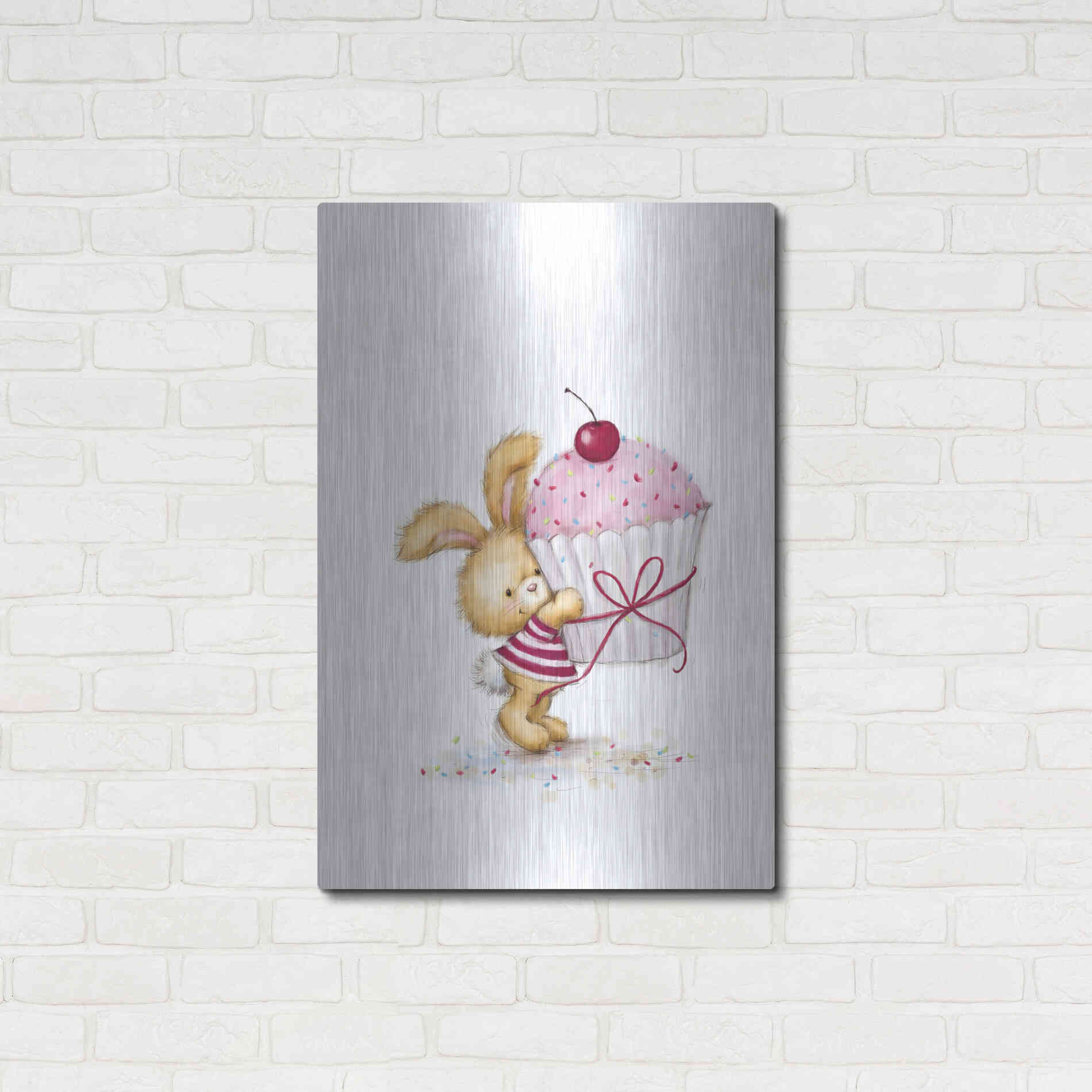 Luxe Metal Art 'Rabbit with Big Cake' by Makiko, Metal Wall Art,24x36