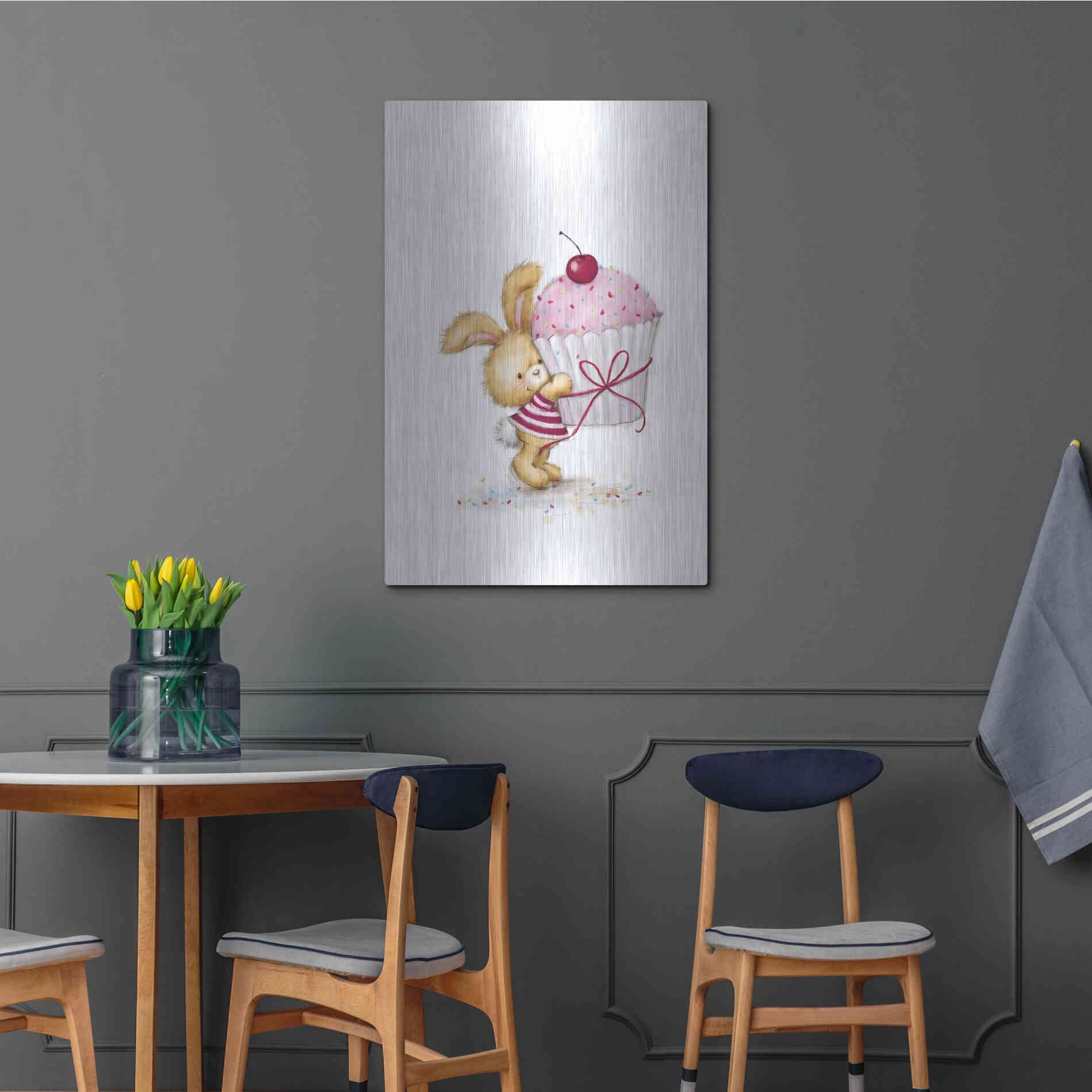 Luxe Metal Art 'Rabbit with Big Cake' by Makiko, Metal Wall Art,24x36