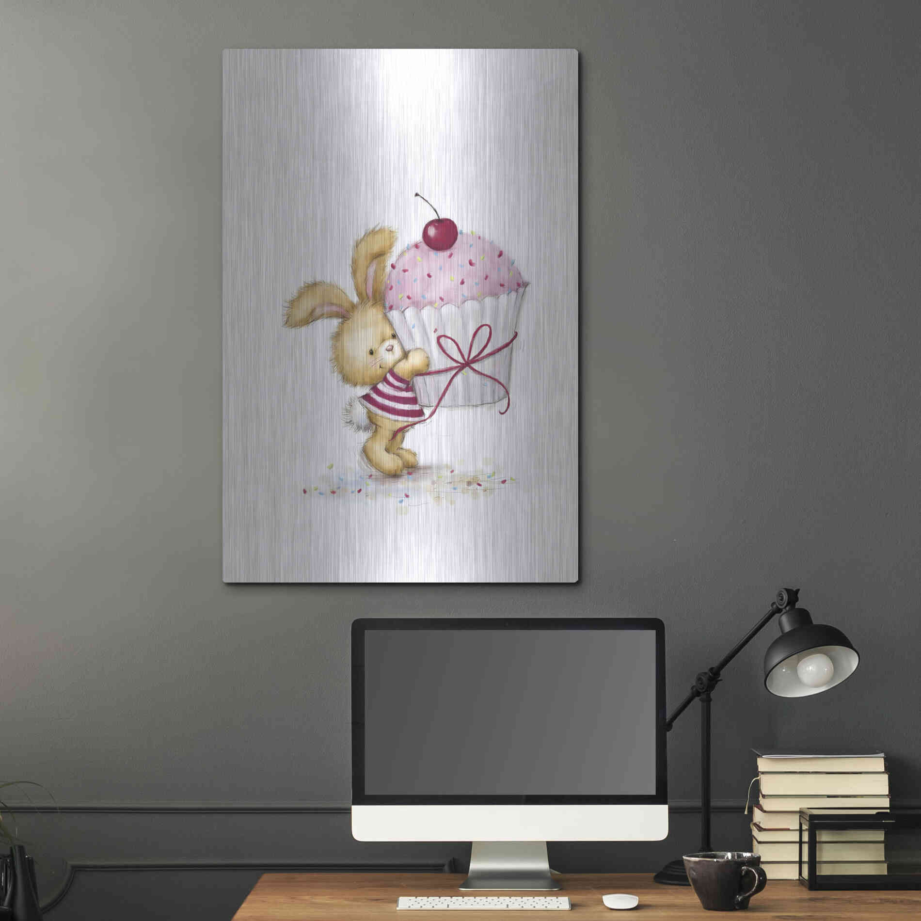 Luxe Metal Art 'Rabbit with Big Cake' by Makiko, Metal Wall Art,24x36