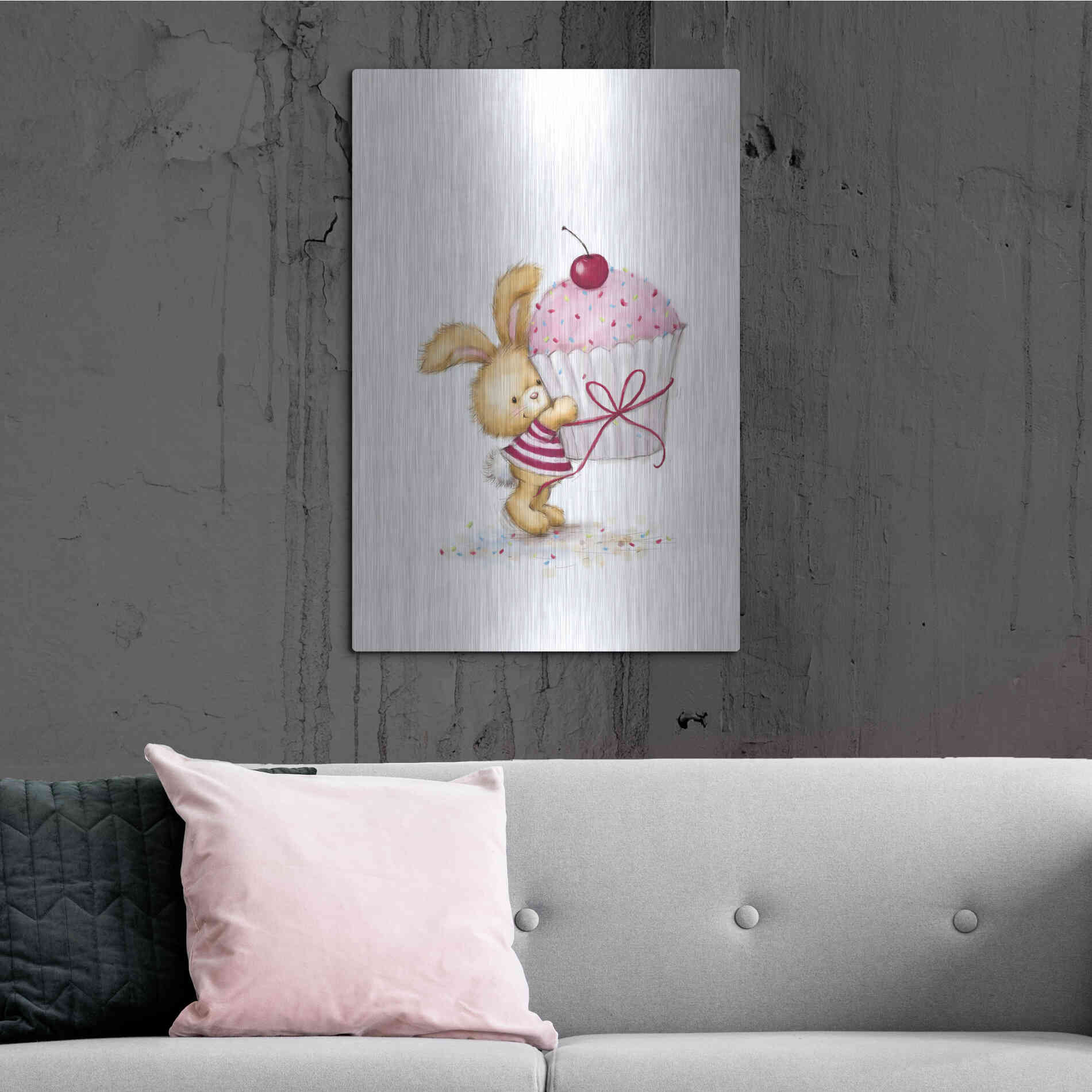 Luxe Metal Art 'Rabbit with Big Cake' by Makiko, Metal Wall Art,24x36