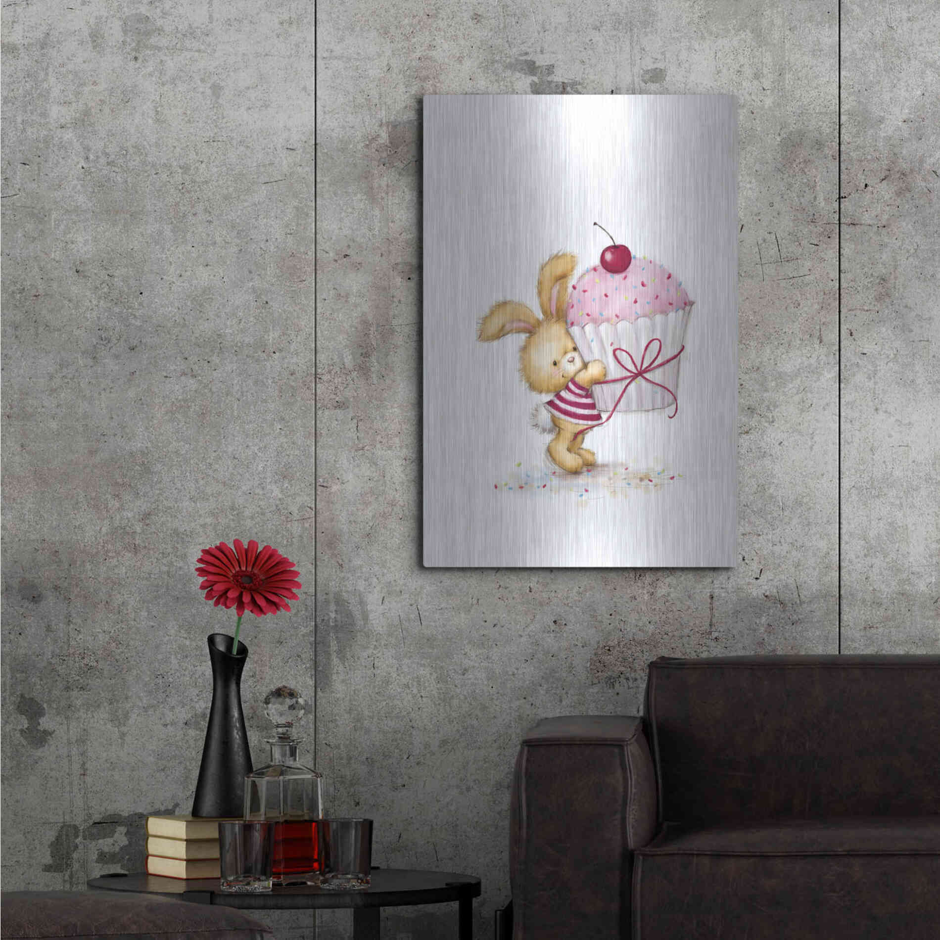 Luxe Metal Art 'Rabbit with Big Cake' by Makiko, Metal Wall Art,24x36