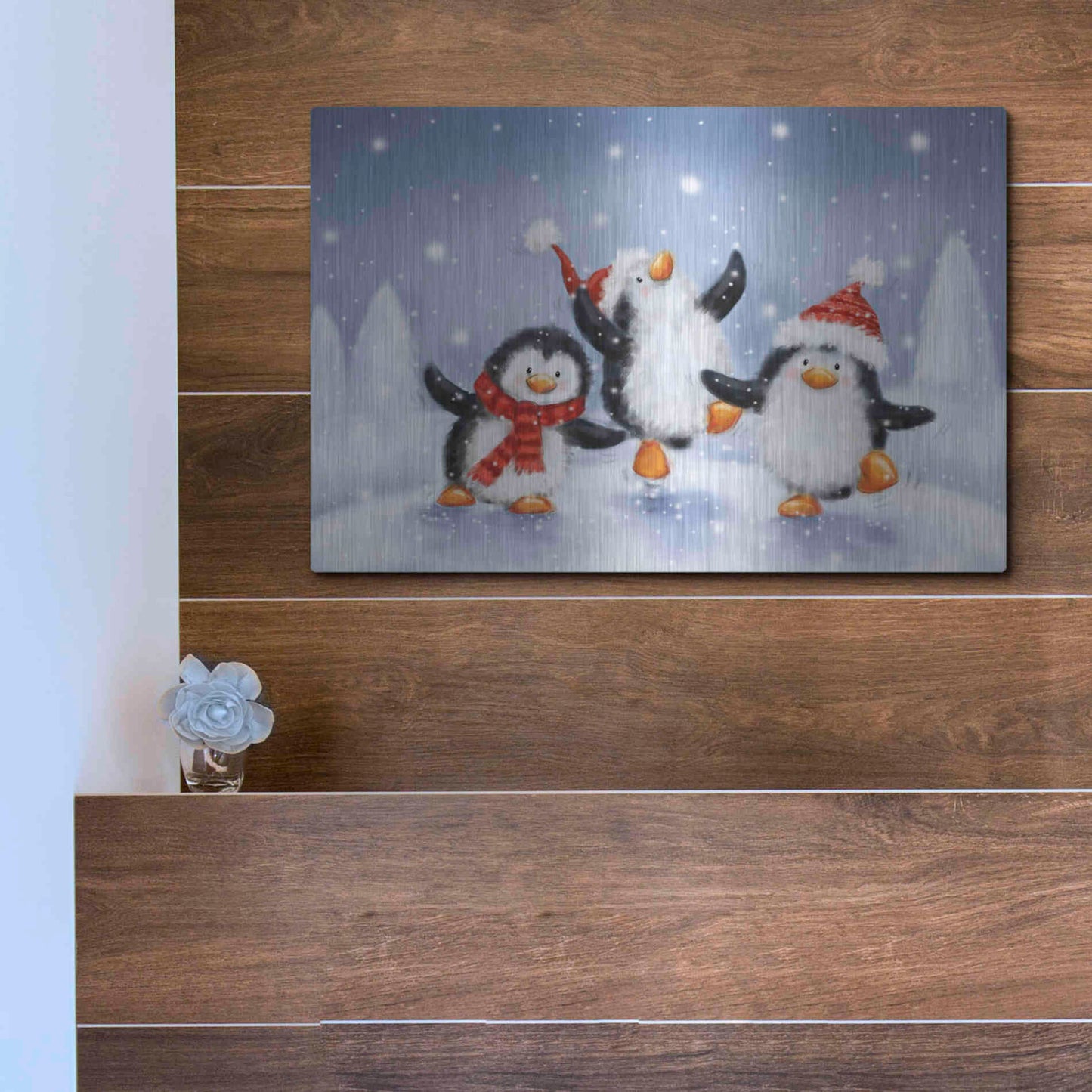 Luxe Metal Art 'Three Penguins' by Makiko, Metal Wall Art,16x12