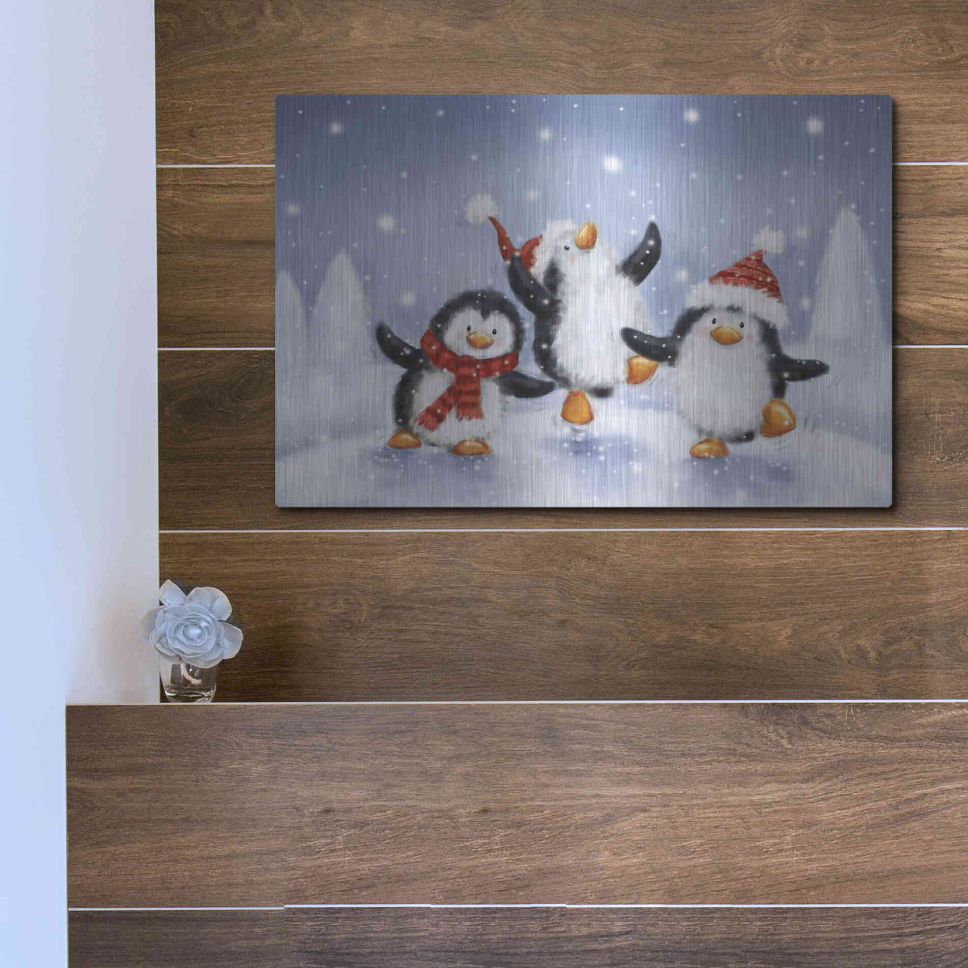 Luxe Metal Art 'Three Penguins' by Makiko, Metal Wall Art,16x12