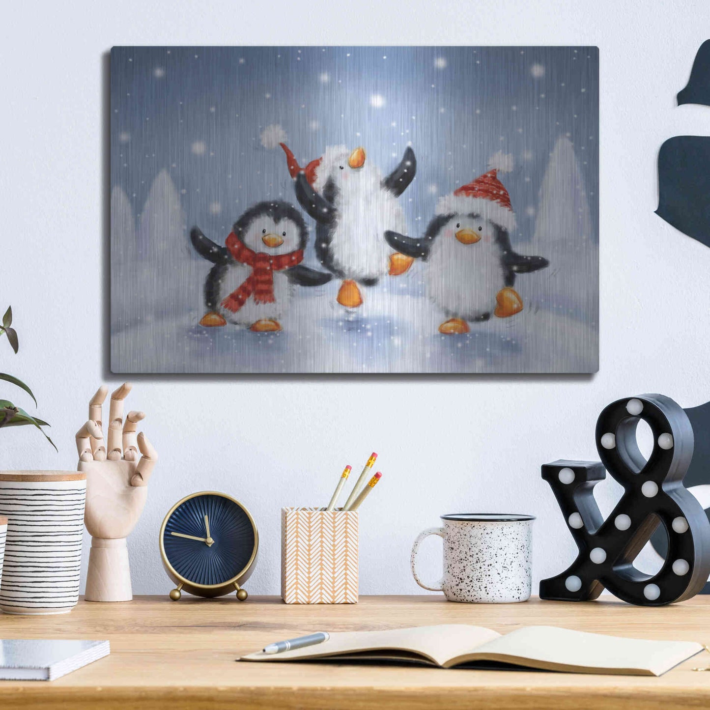 Luxe Metal Art 'Three Penguins' by Makiko, Metal Wall Art,16x12