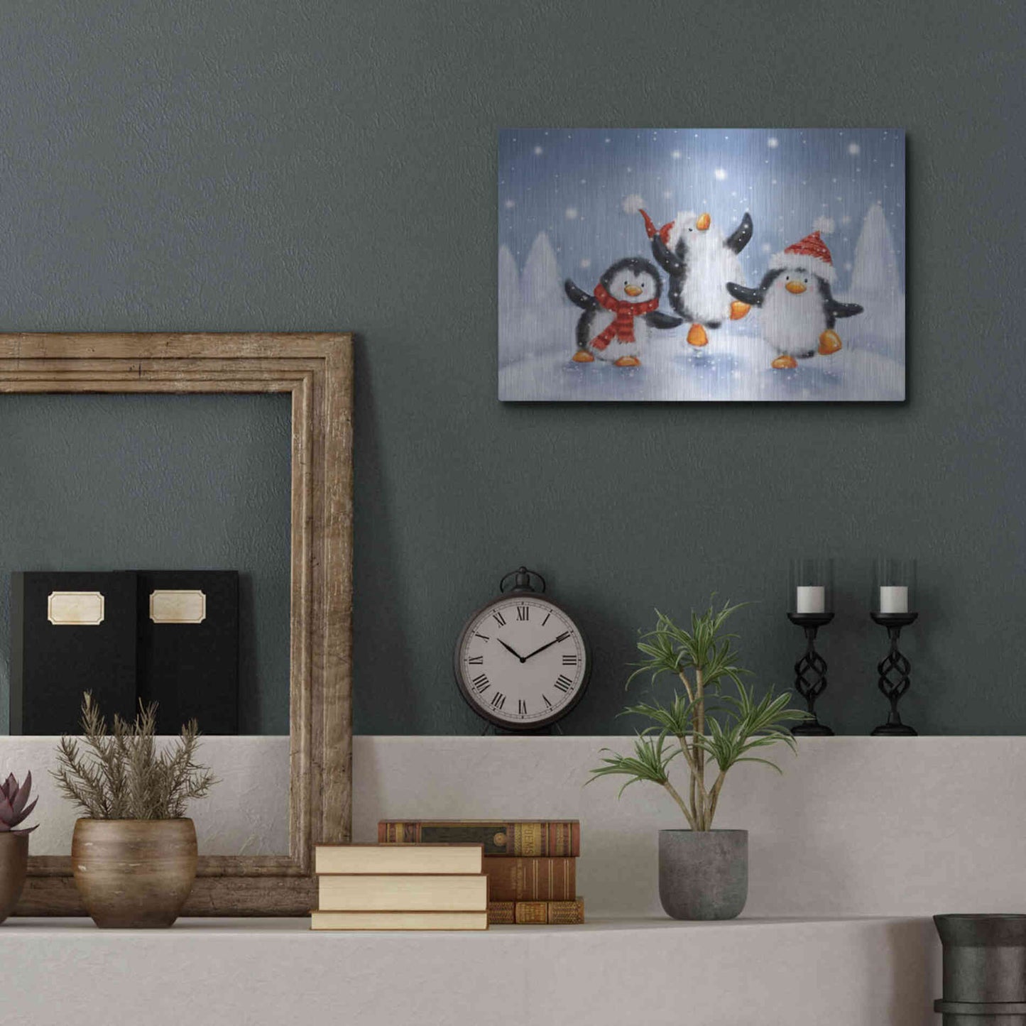 Luxe Metal Art 'Three Penguins' by Makiko, Metal Wall Art,16x12