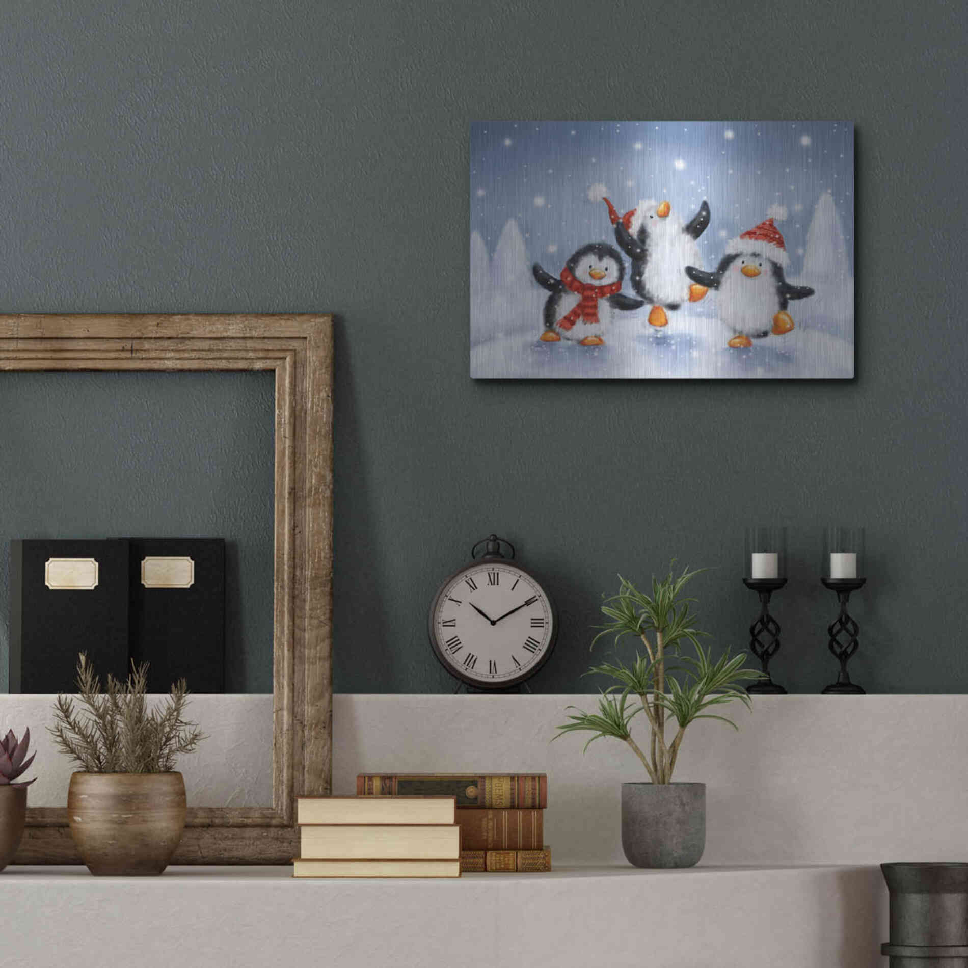 Luxe Metal Art 'Three Penguins' by Makiko, Metal Wall Art,16x12