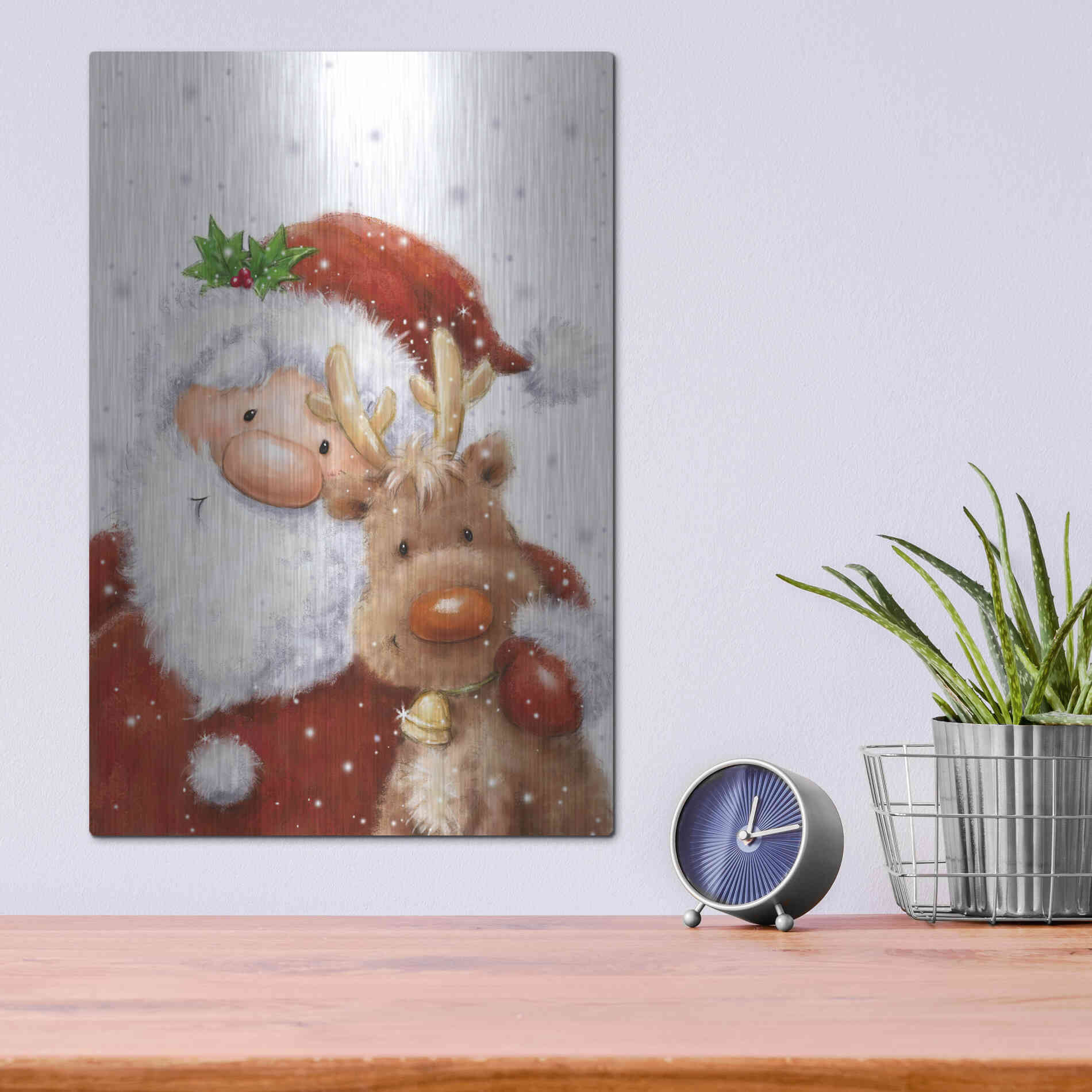 Luxe Metal Art 'Santa and Reindeer 4' by Makiko, Metal Wall Art,12x16