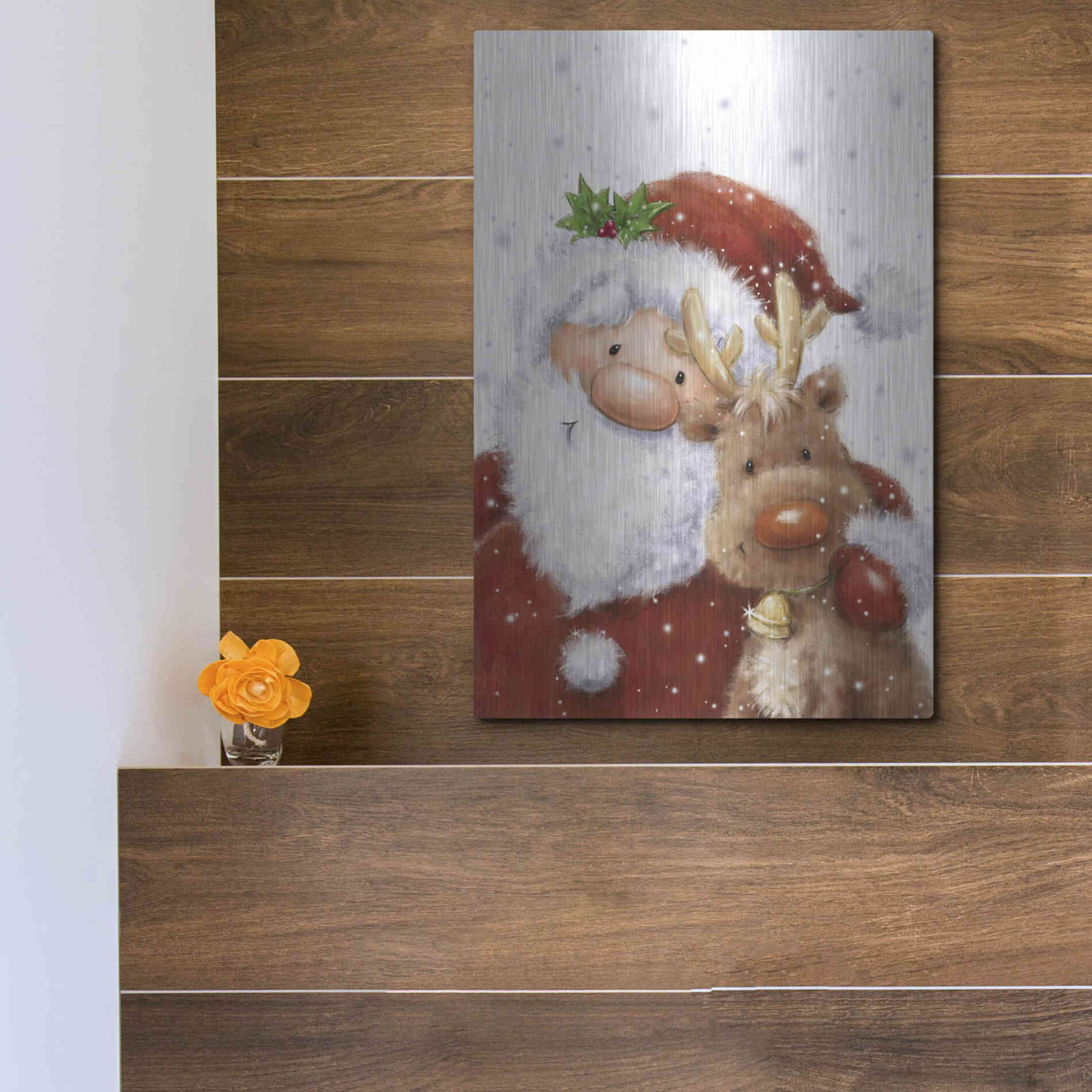 Luxe Metal Art 'Santa and Reindeer 4' by Makiko, Metal Wall Art,12x16