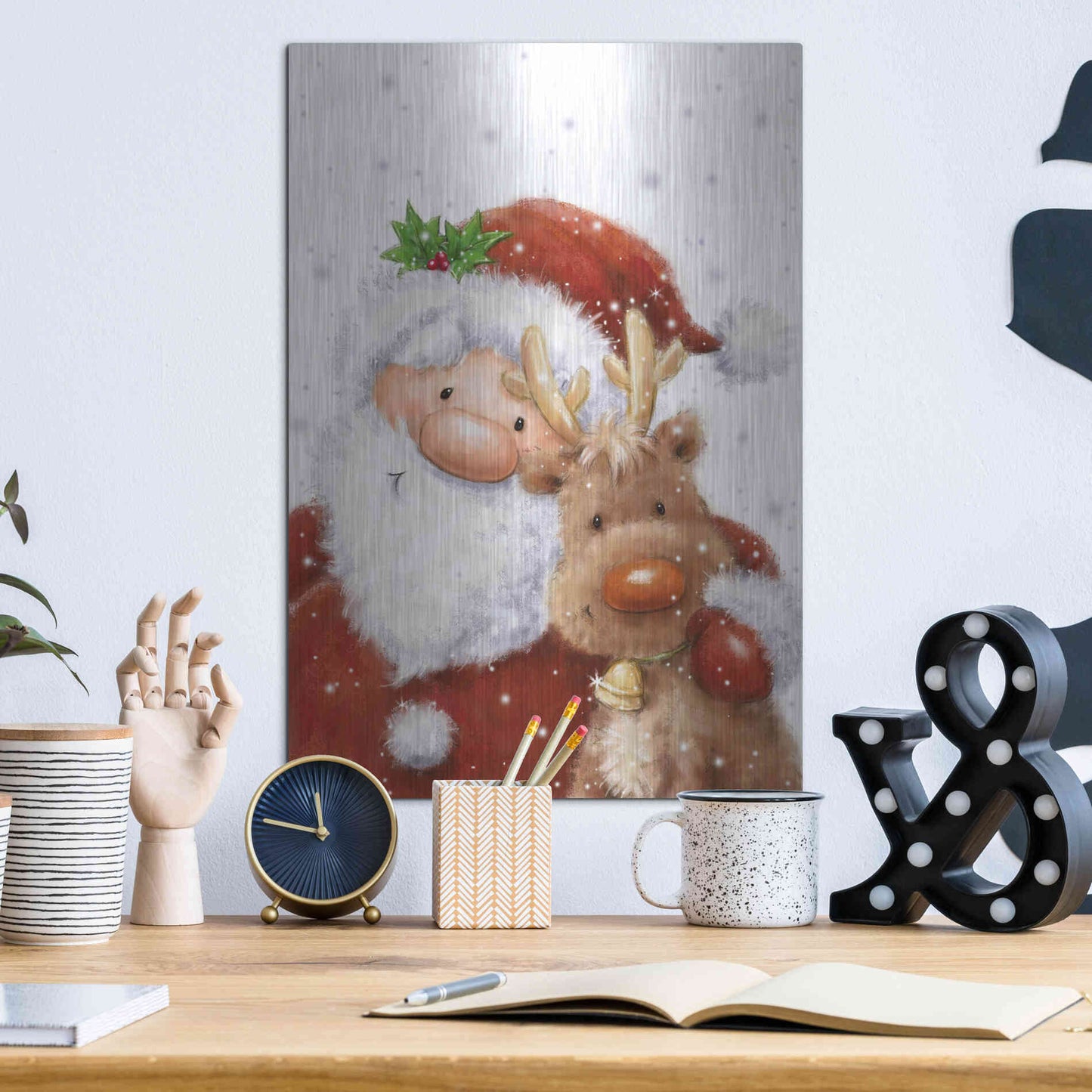 Luxe Metal Art 'Santa and Reindeer 4' by Makiko, Metal Wall Art,12x16