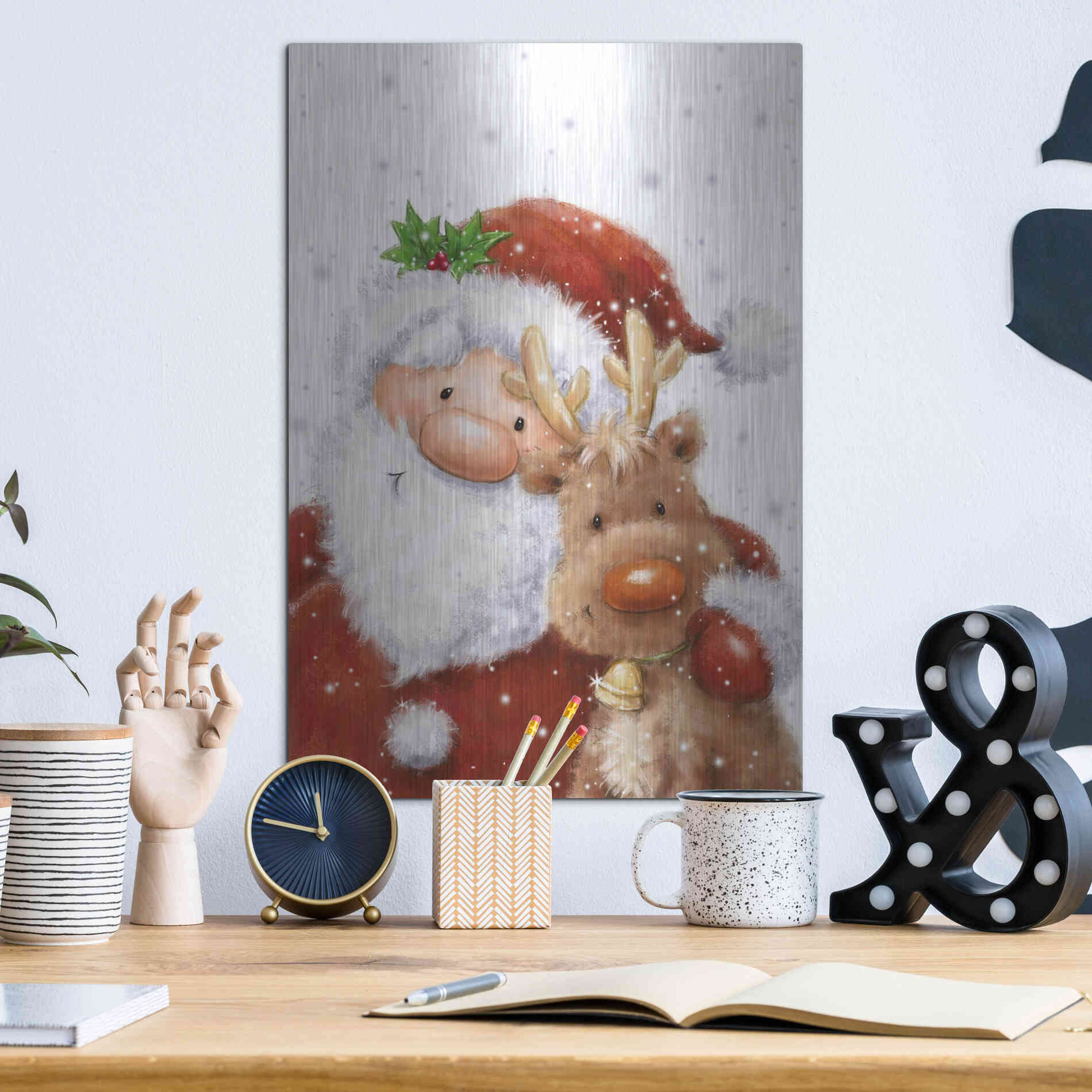 Luxe Metal Art 'Santa and Reindeer 4' by Makiko, Metal Wall Art,12x16