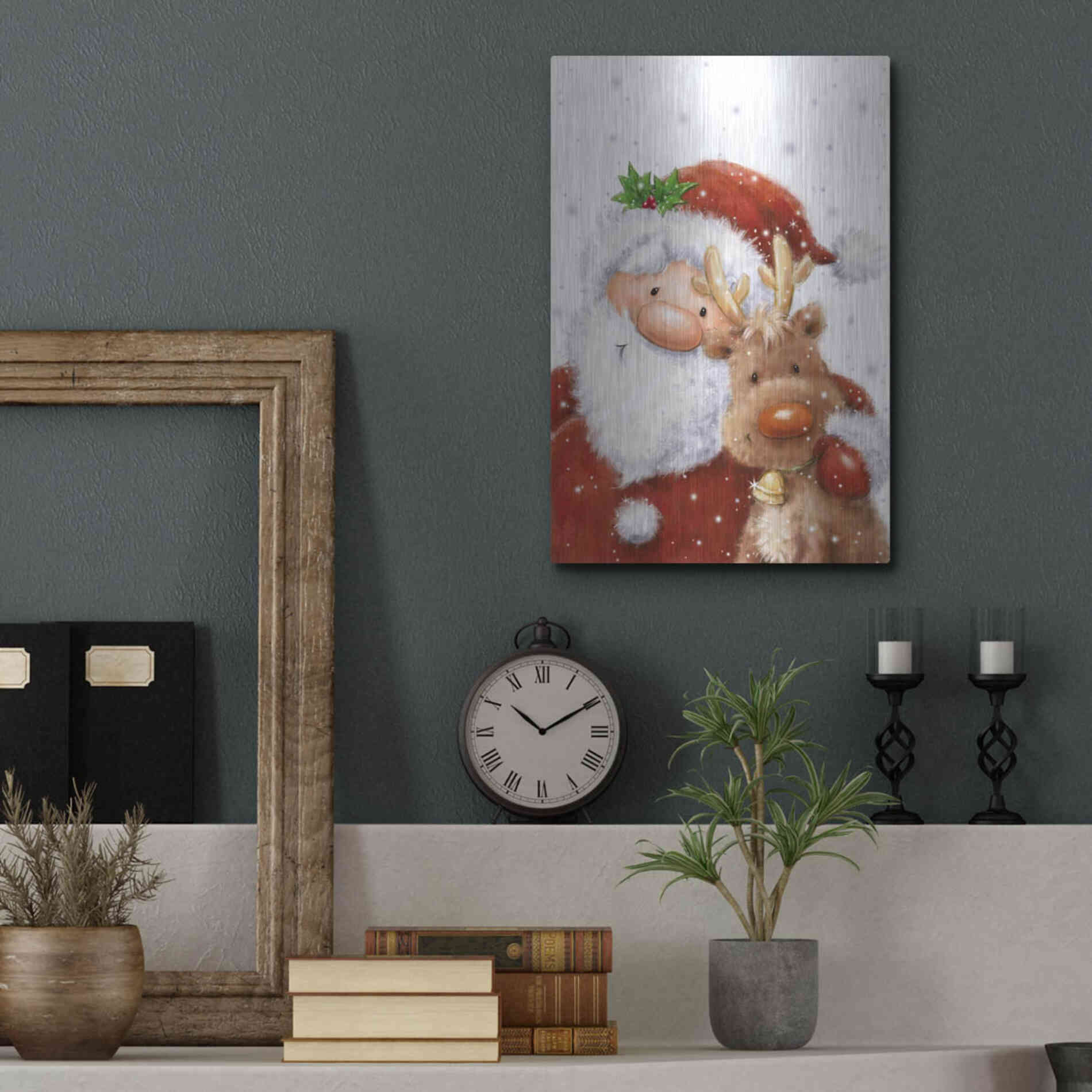 Luxe Metal Art 'Santa and Reindeer 4' by Makiko, Metal Wall Art,12x16