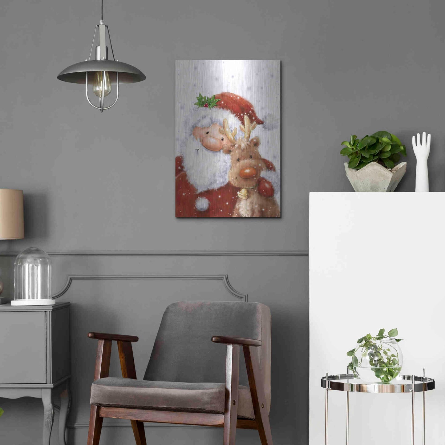 Luxe Metal Art 'Santa and Reindeer 4' by Makiko, Metal Wall Art,16x24