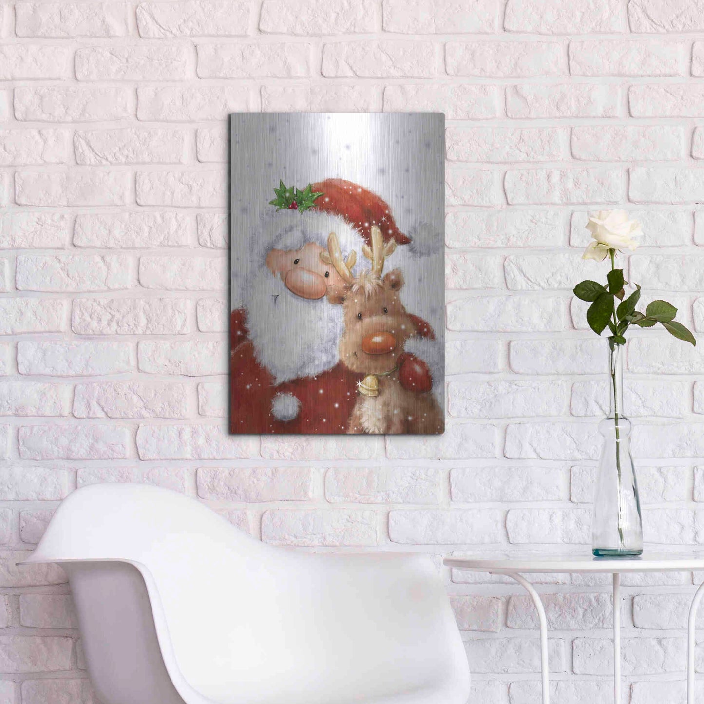 Luxe Metal Art 'Santa and Reindeer 4' by Makiko, Metal Wall Art,16x24