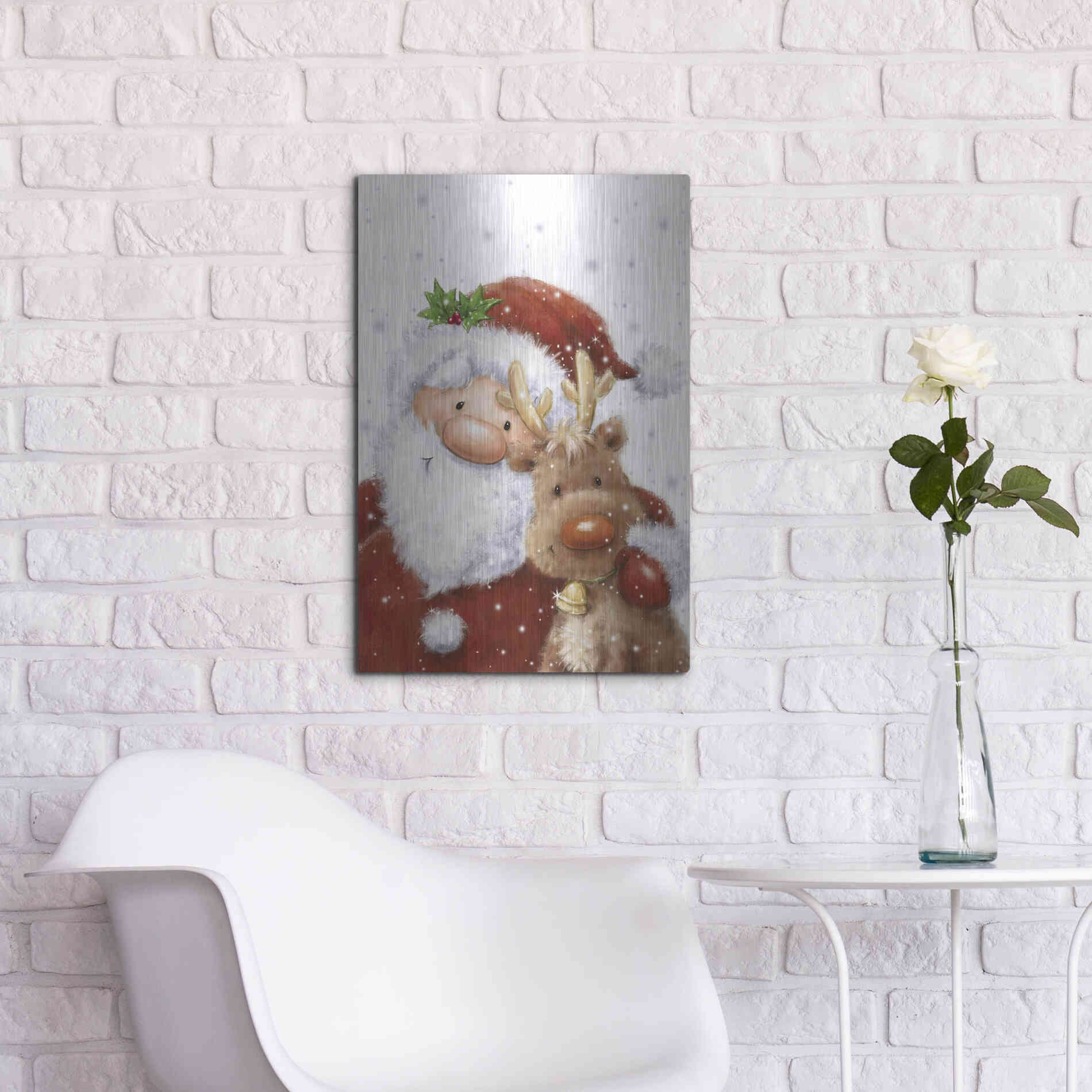 Luxe Metal Art 'Santa and Reindeer 4' by Makiko, Metal Wall Art,16x24