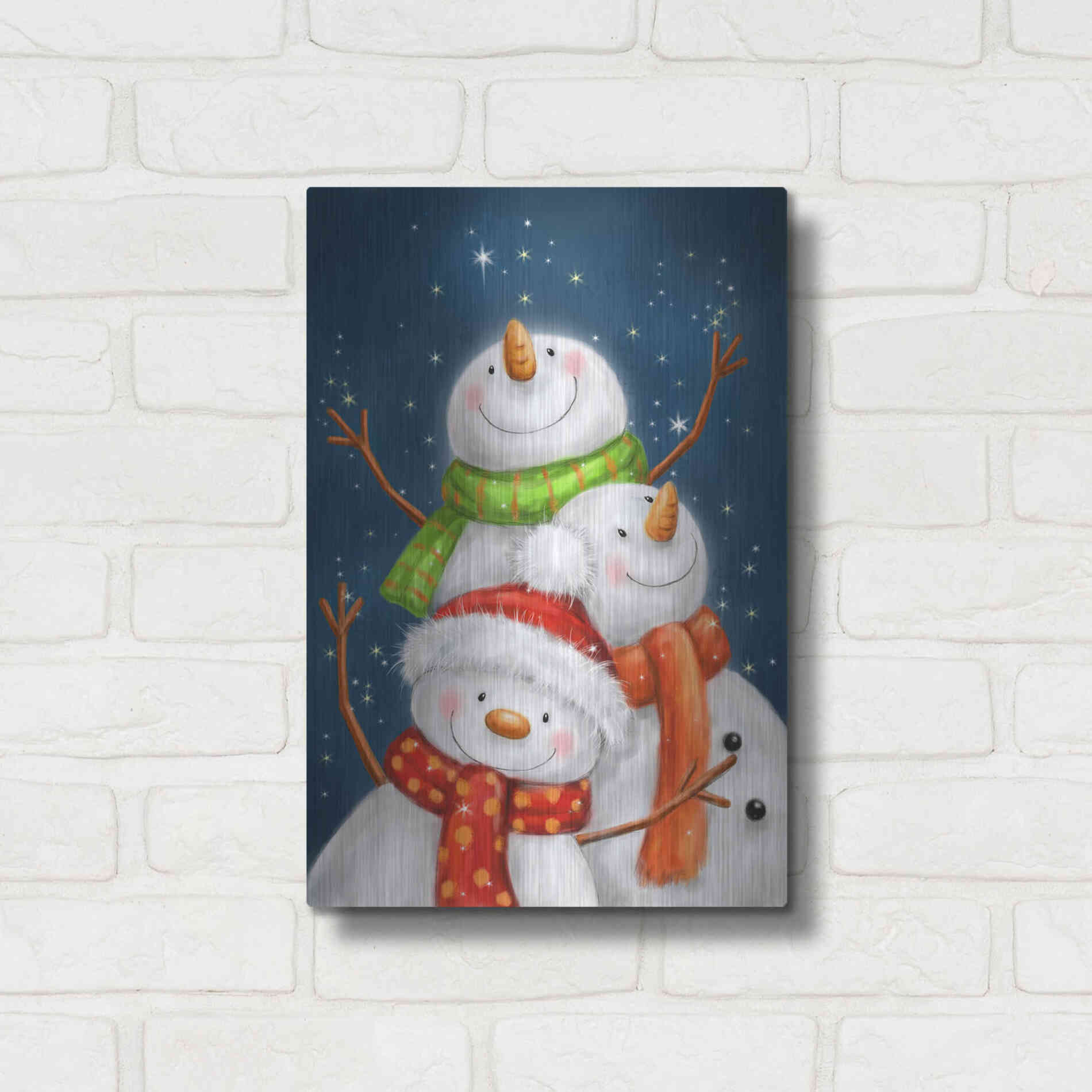 Luxe Metal Art 'Three Snowmen Blue Background' by Makiko, Metal Wall Art,12x16