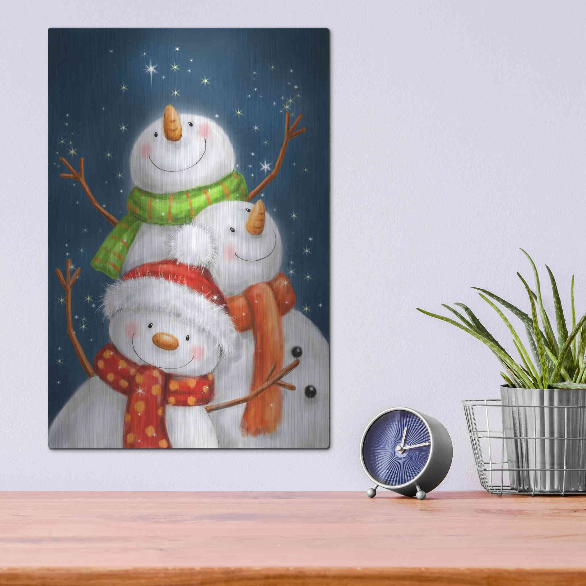 Luxe Metal Art 'Three Snowmen Blue Background' by Makiko, Metal Wall Art,12x16