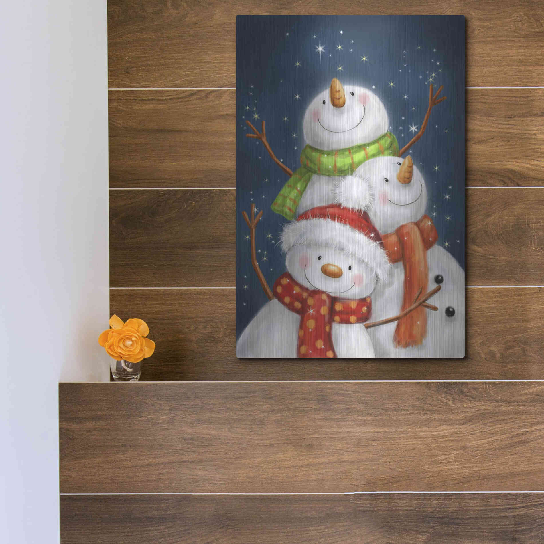 Luxe Metal Art 'Three Snowmen Blue Background' by Makiko, Metal Wall Art,12x16