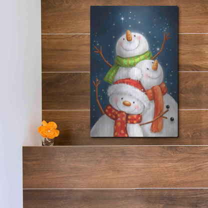 Luxe Metal Art 'Three Snowmen Blue Background' by Makiko, Metal Wall Art,12x16