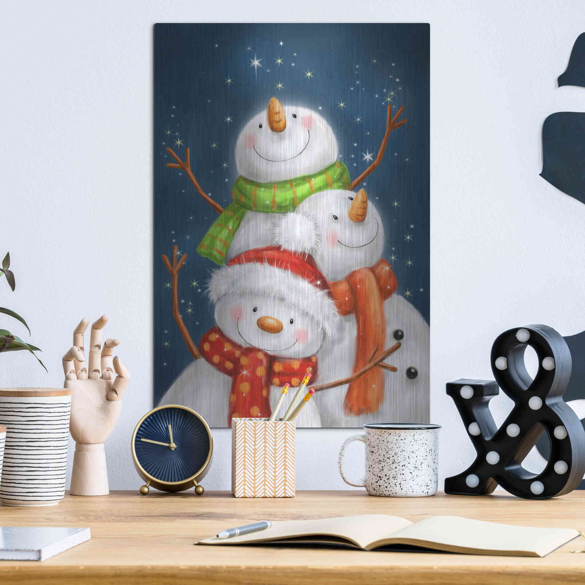 Luxe Metal Art 'Three Snowmen Blue Background' by Makiko, Metal Wall Art,12x16