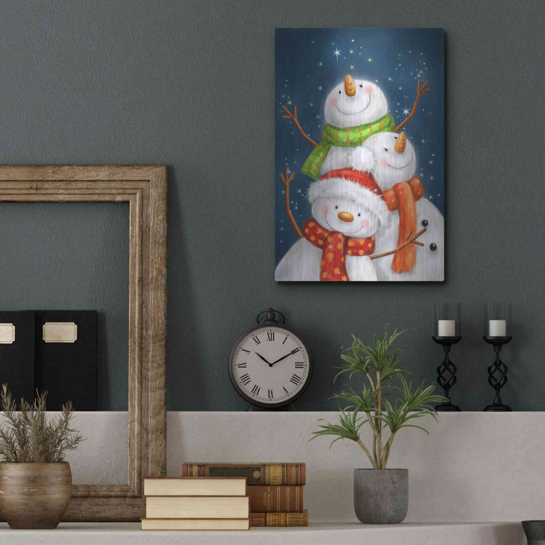 Luxe Metal Art 'Three Snowmen Blue Background' by Makiko, Metal Wall Art,12x16