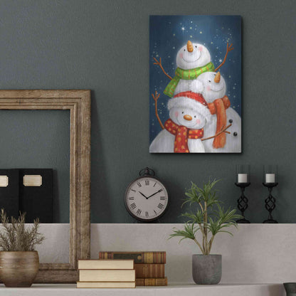 Luxe Metal Art 'Three Snowmen Blue Background' by Makiko, Metal Wall Art,12x16