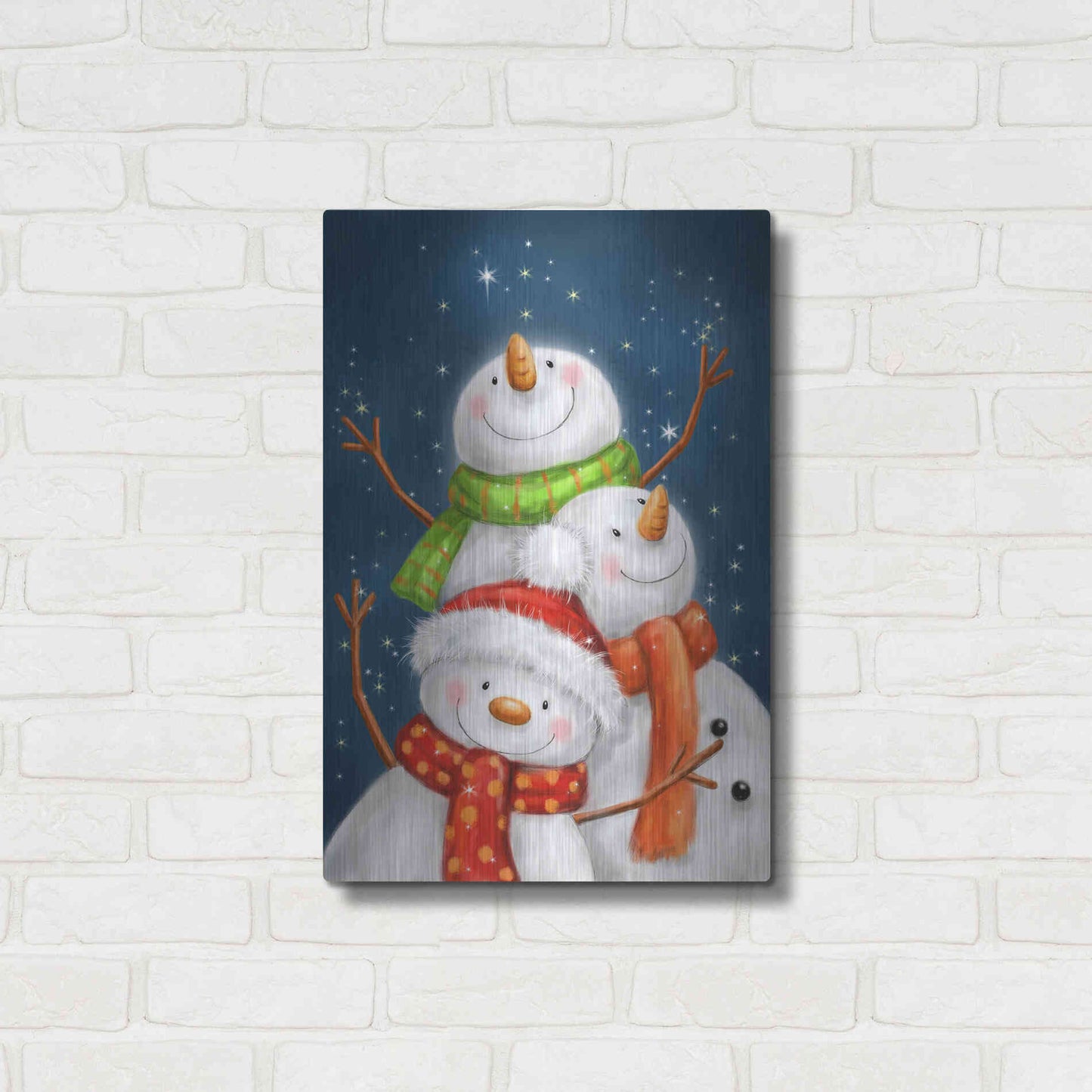 Luxe Metal Art 'Three Snowmen Blue Background' by Makiko, Metal Wall Art,16x24