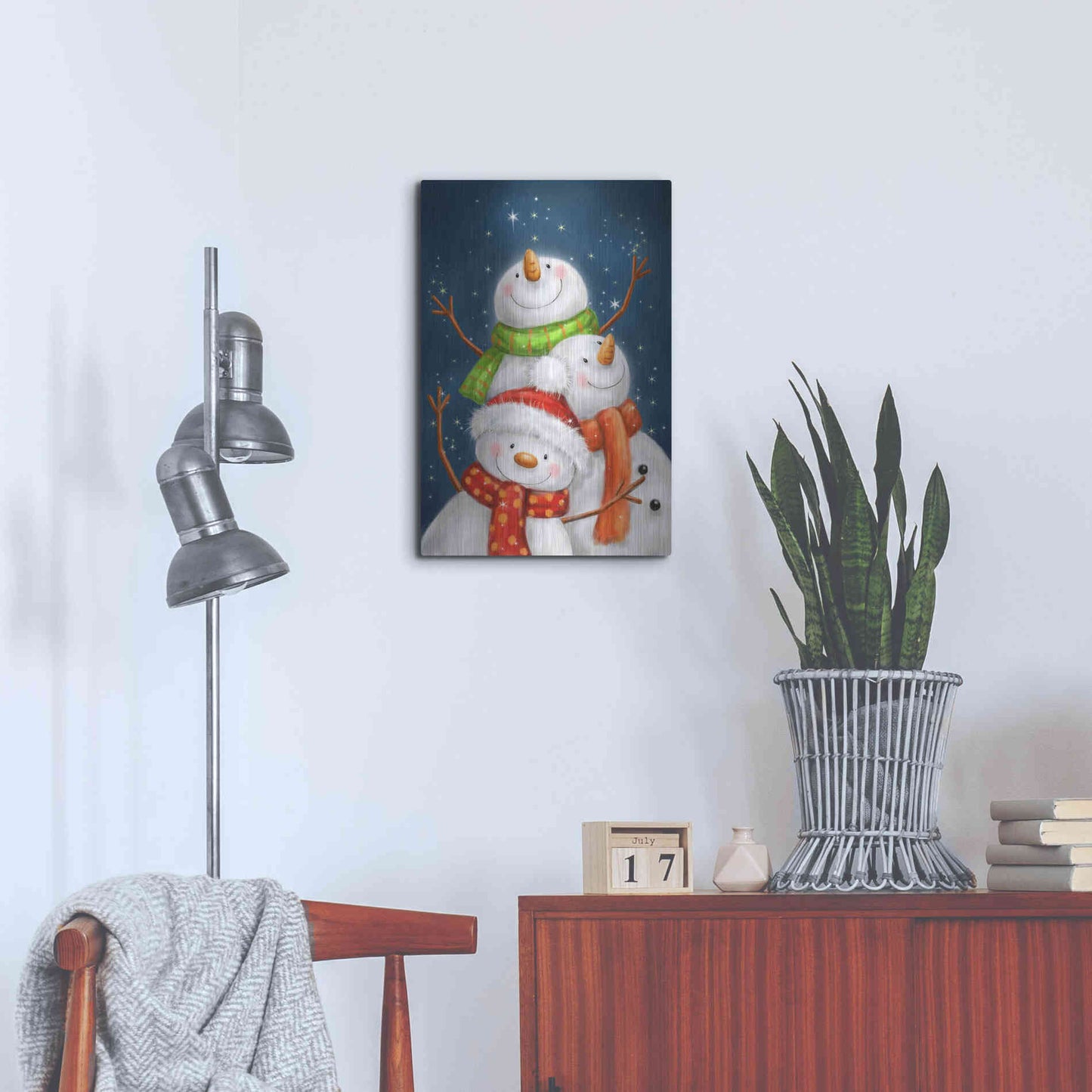 Luxe Metal Art 'Three Snowmen Blue Background' by Makiko, Metal Wall Art,16x24