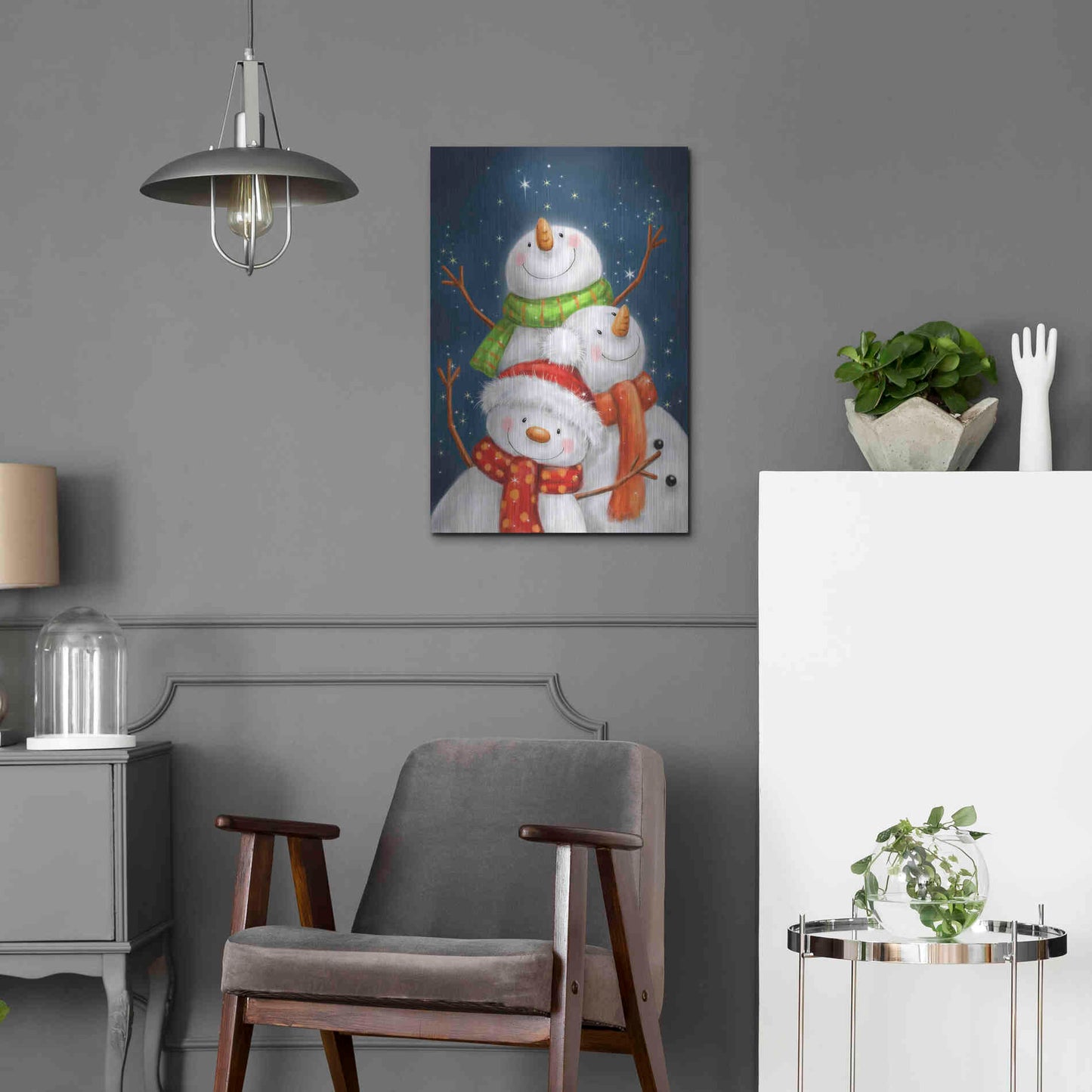 Luxe Metal Art 'Three Snowmen Blue Background' by Makiko, Metal Wall Art,16x24
