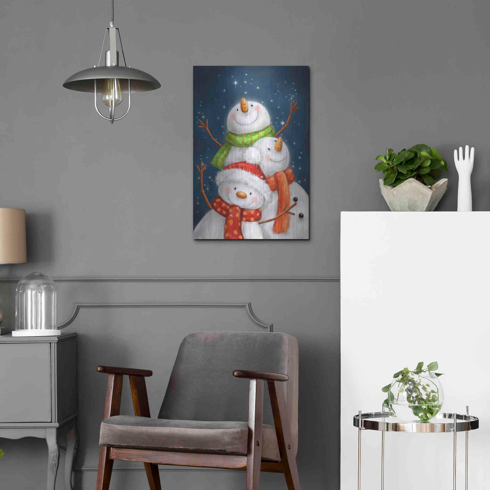 Luxe Metal Art 'Three Snowmen Blue Background' by Makiko, Metal Wall Art,16x24