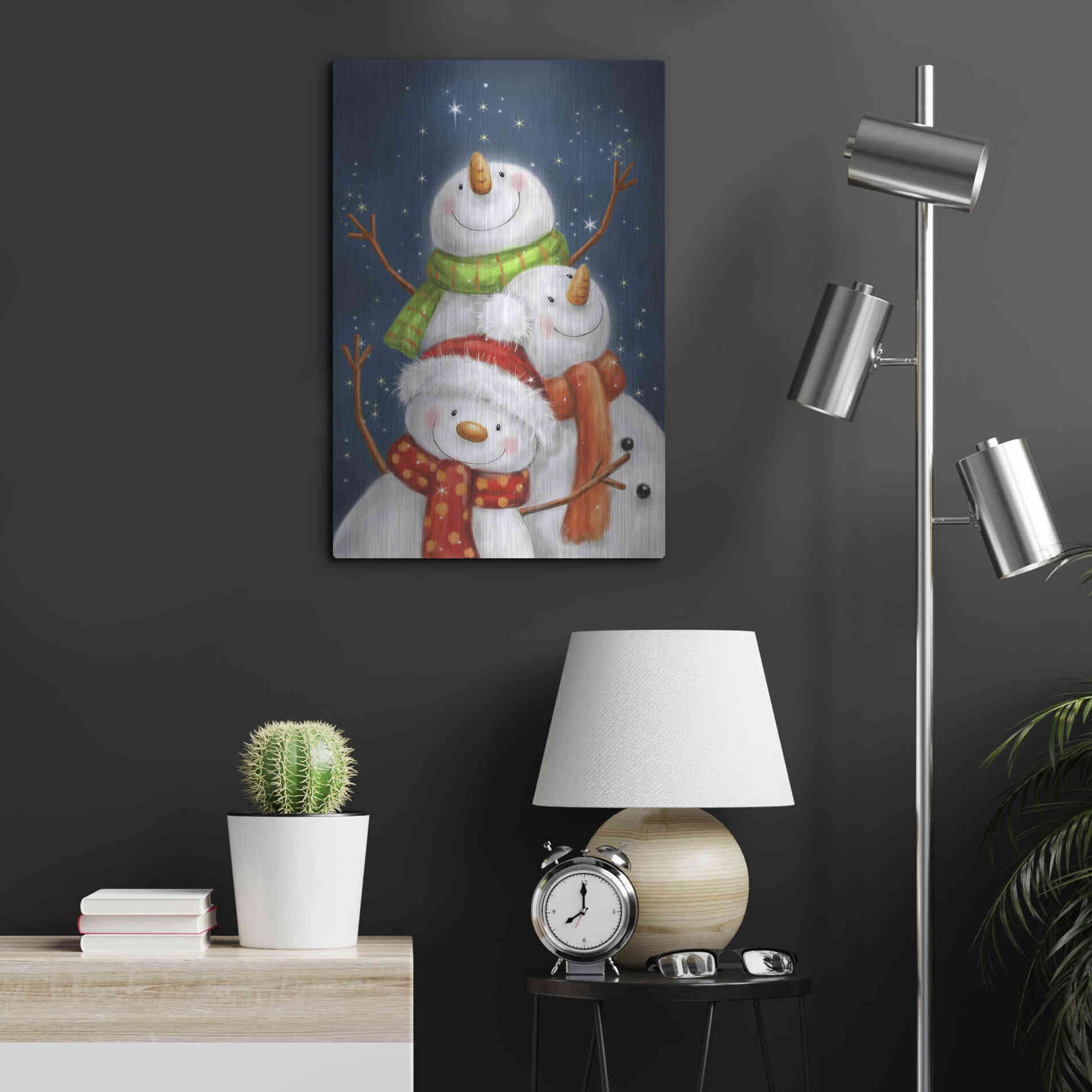 Luxe Metal Art 'Three Snowmen Blue Background' by Makiko, Metal Wall Art,16x24