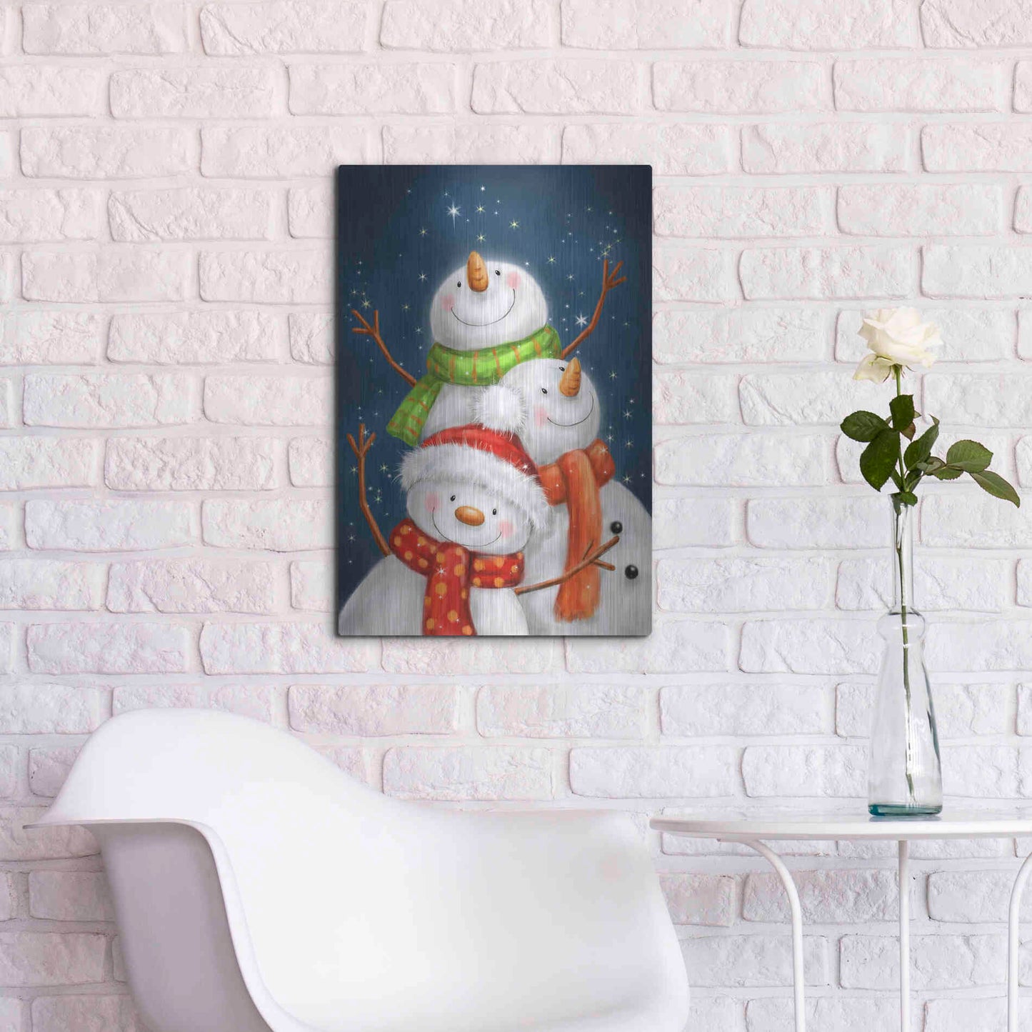 Luxe Metal Art 'Three Snowmen Blue Background' by Makiko, Metal Wall Art,16x24