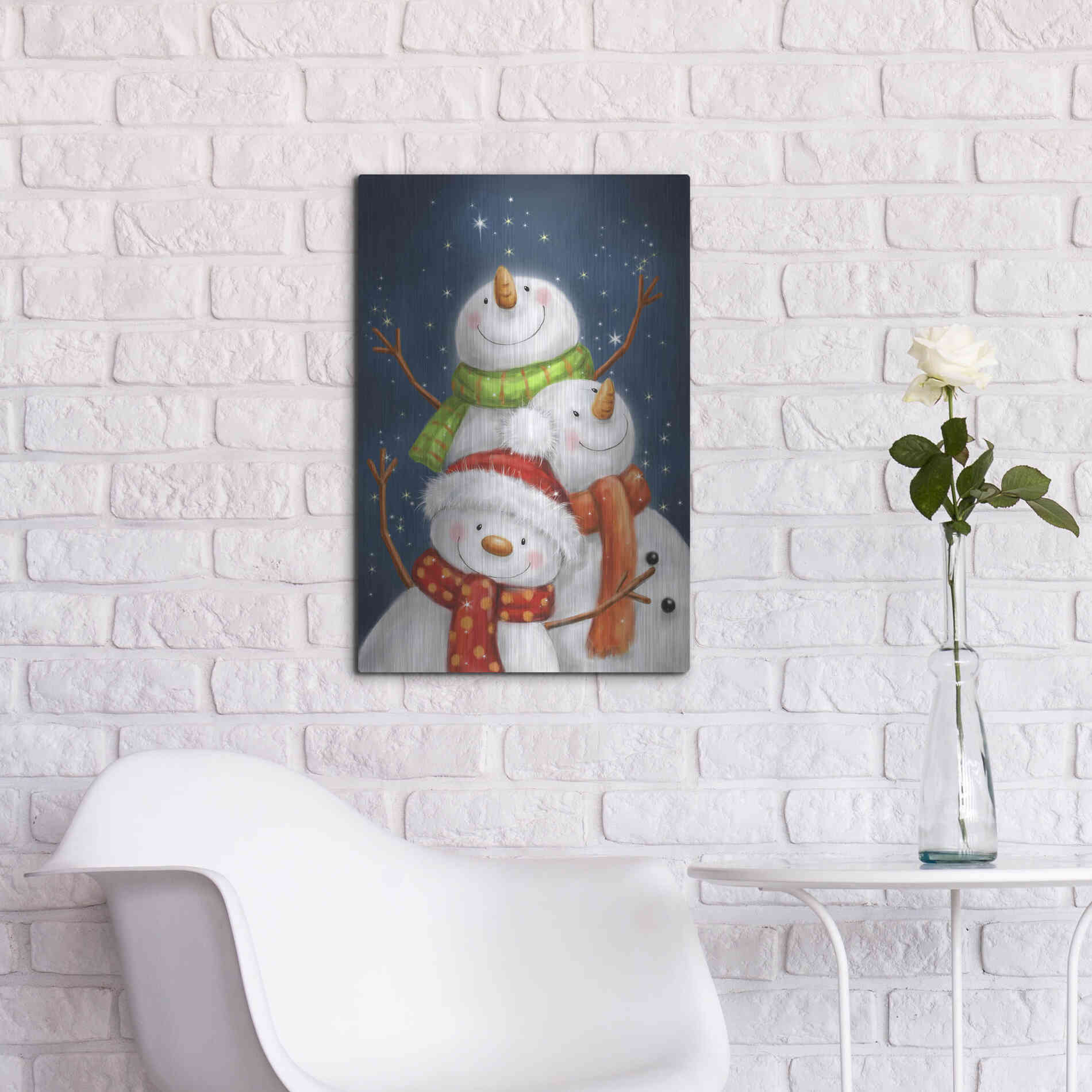Luxe Metal Art 'Three Snowmen Blue Background' by Makiko, Metal Wall Art,16x24