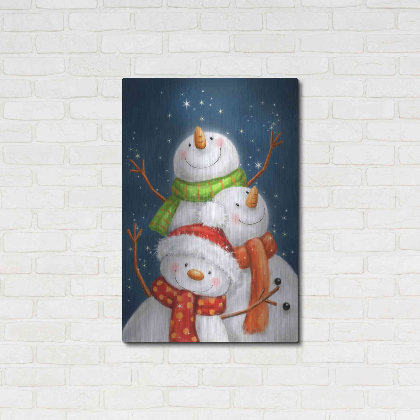 Luxe Metal Art 'Three Snowmen Blue Background' by Makiko, Metal Wall Art,24x36