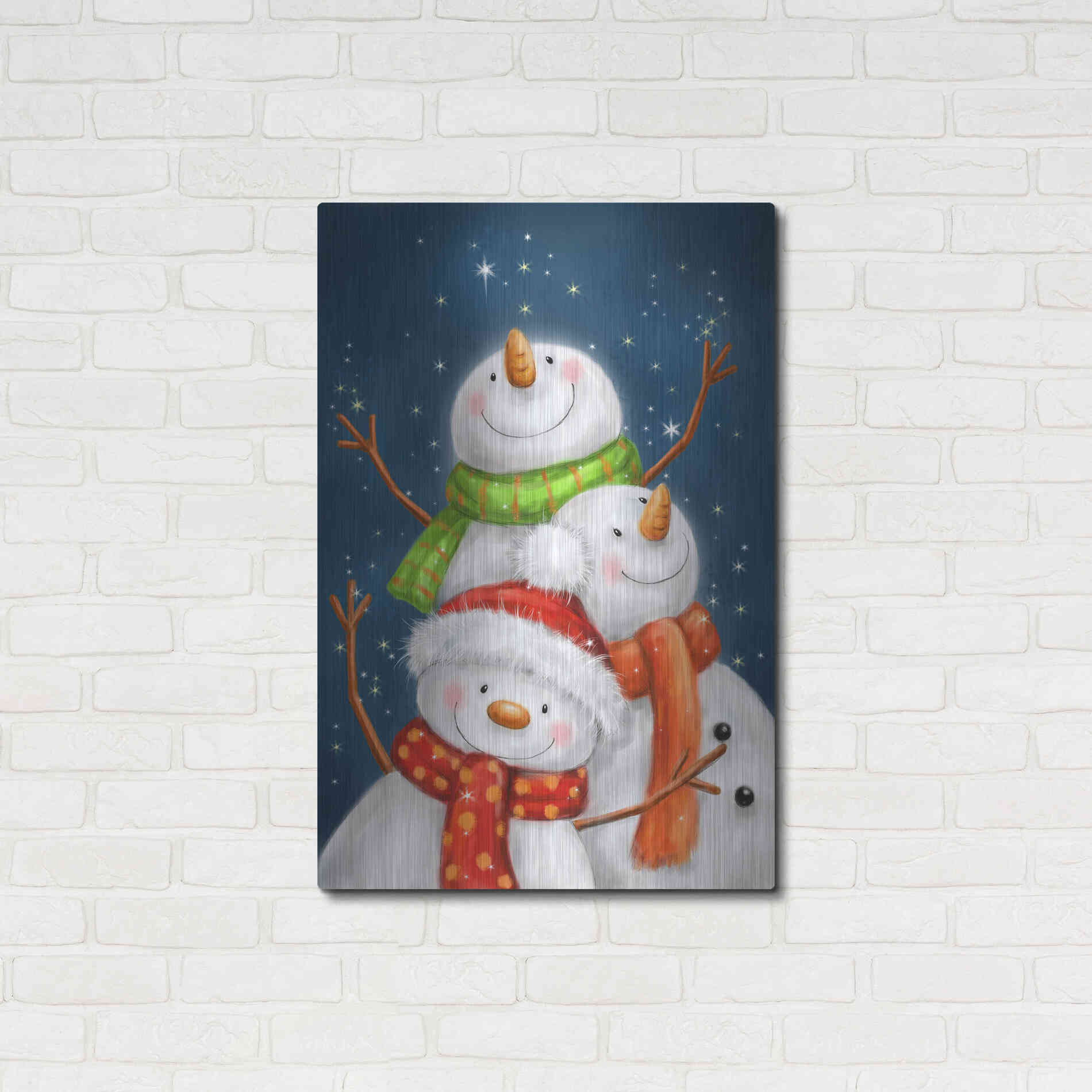 Luxe Metal Art 'Three Snowmen Blue Background' by Makiko, Metal Wall Art,24x36