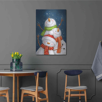 Luxe Metal Art 'Three Snowmen Blue Background' by Makiko, Metal Wall Art,24x36