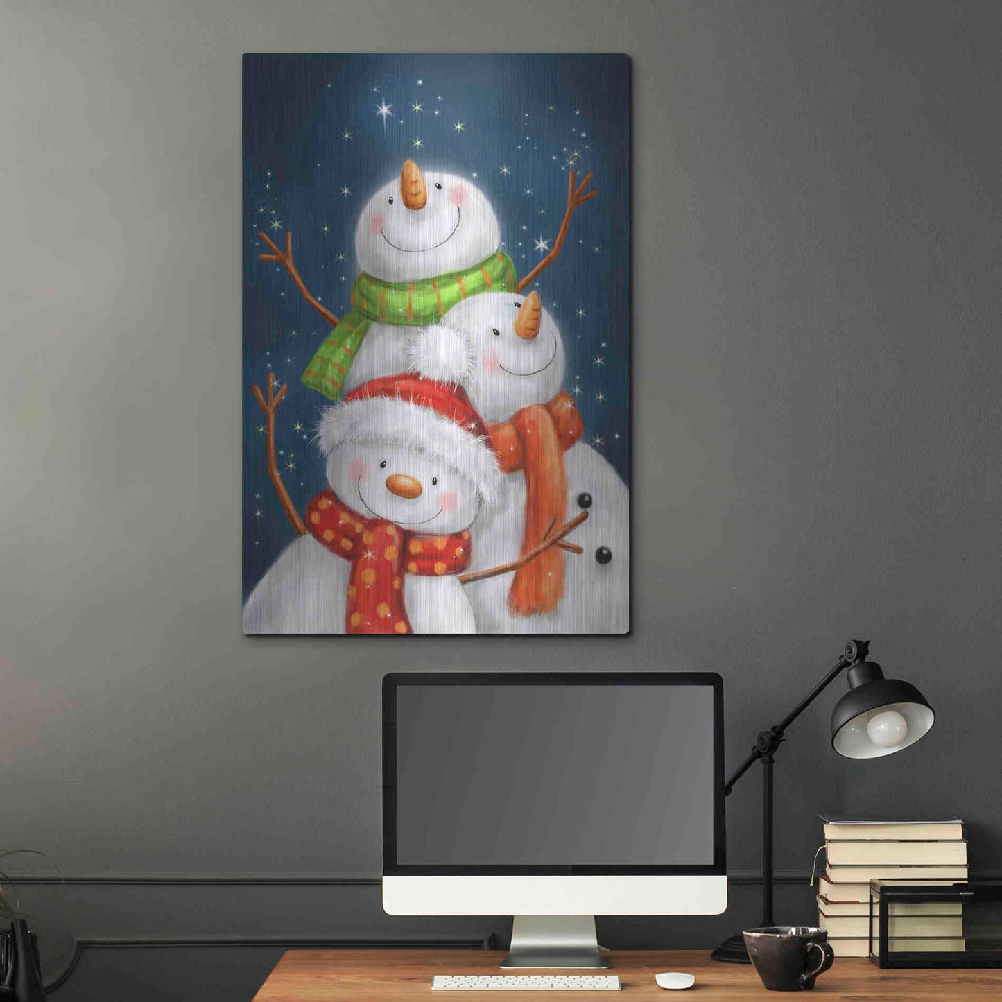 Luxe Metal Art 'Three Snowmen Blue Background' by Makiko, Metal Wall Art,24x36
