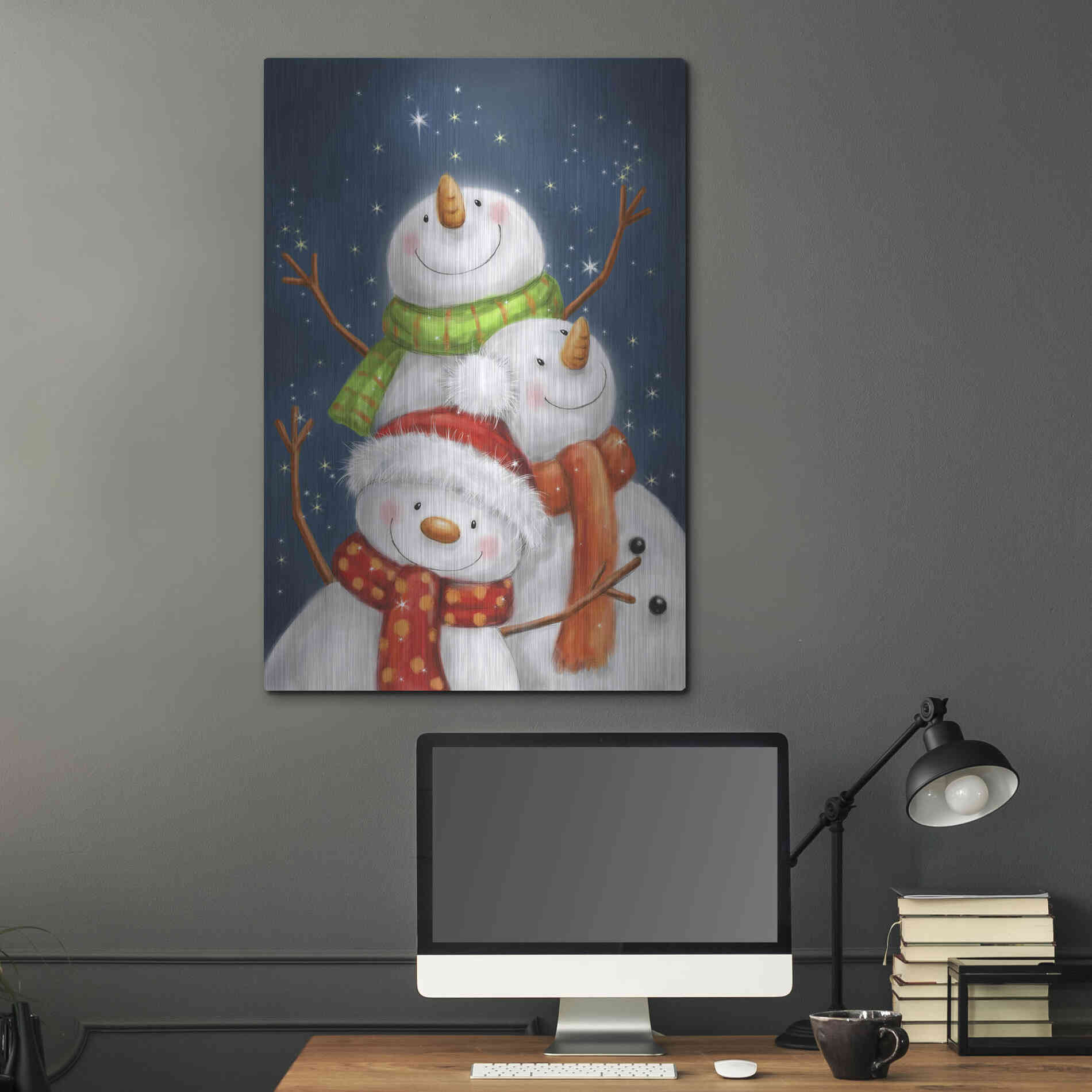 Luxe Metal Art 'Three Snowmen Blue Background' by Makiko, Metal Wall Art,24x36