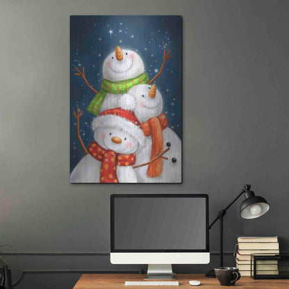 Luxe Metal Art 'Three Snowmen Blue Background' by Makiko, Metal Wall Art,24x36