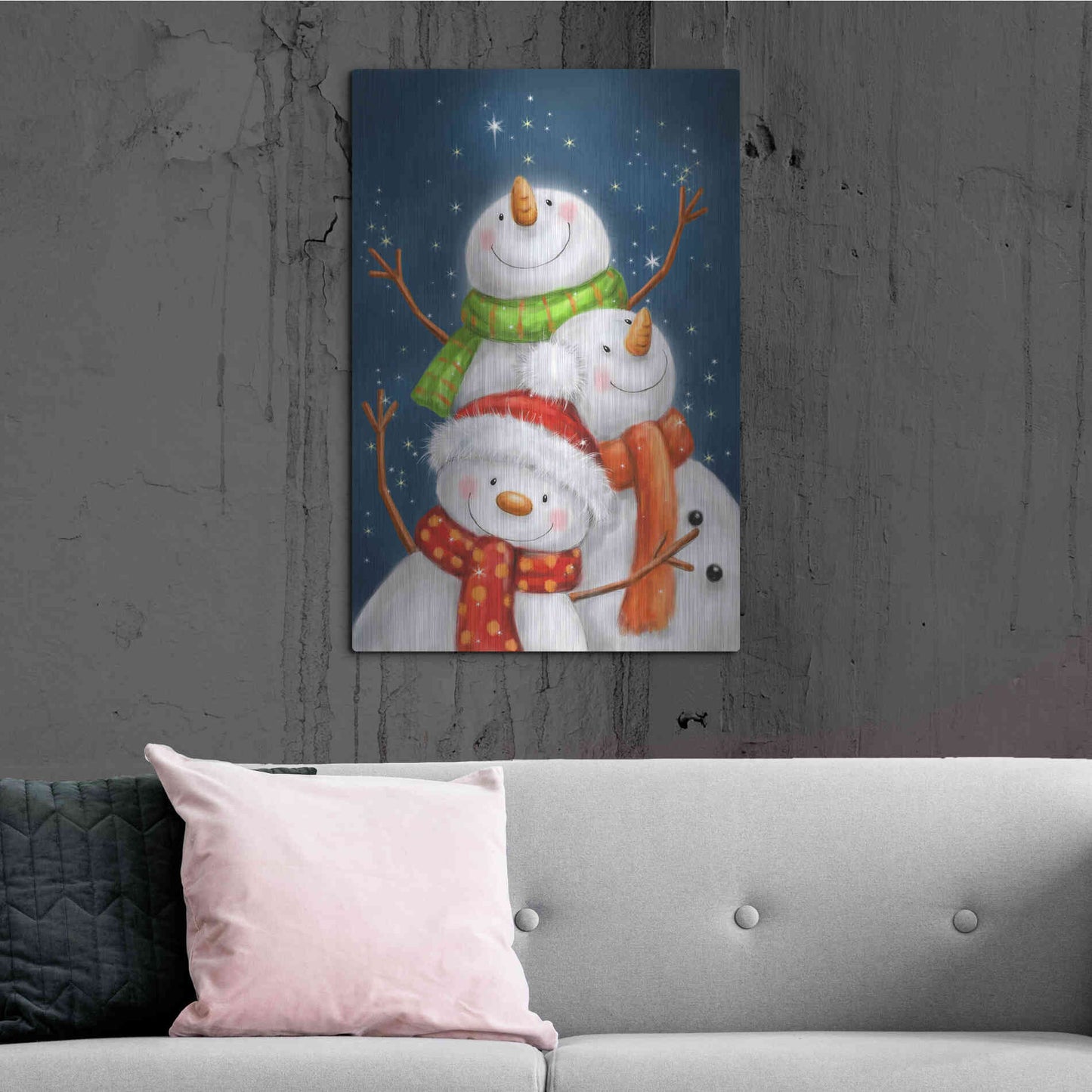 Luxe Metal Art 'Three Snowmen Blue Background' by Makiko, Metal Wall Art,24x36