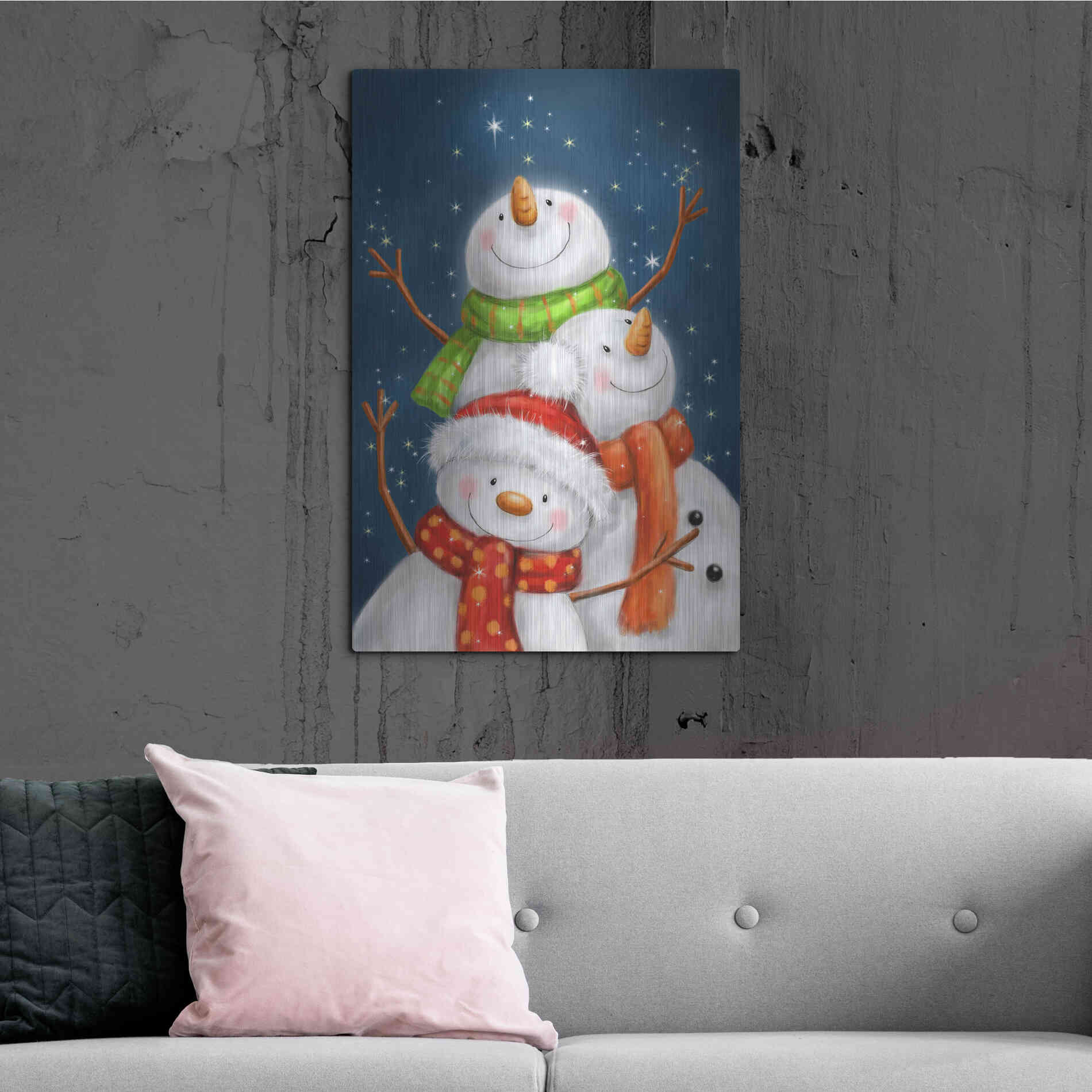 Luxe Metal Art 'Three Snowmen Blue Background' by Makiko, Metal Wall Art,24x36
