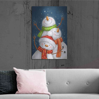 Luxe Metal Art 'Three Snowmen Blue Background' by Makiko, Metal Wall Art,24x36