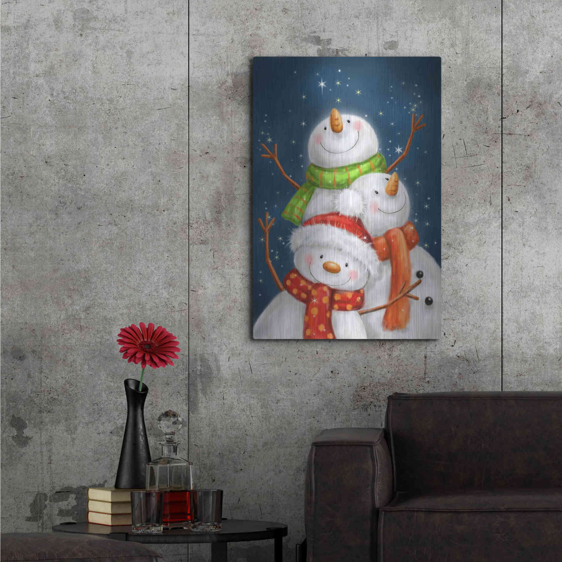 Luxe Metal Art 'Three Snowmen Blue Background' by Makiko, Metal Wall Art,24x36