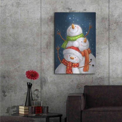 Luxe Metal Art 'Three Snowmen Blue Background' by Makiko, Metal Wall Art,24x36
