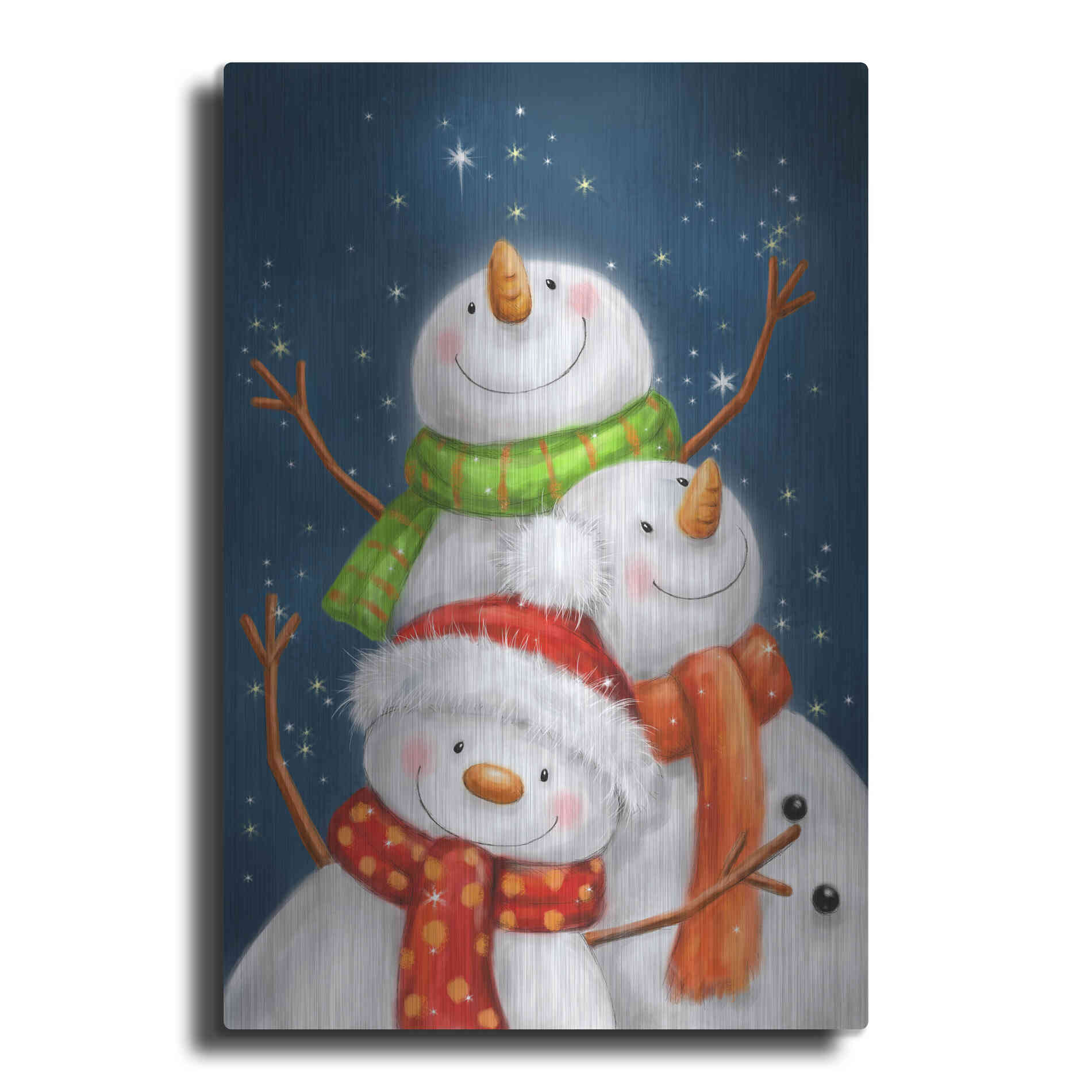 Luxe Metal Art 'Three Snowmen Blue Background' by Makiko, Metal Wall Art
