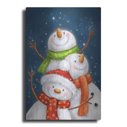 Luxe Metal Art 'Three Snowmen Blue Background' by Makiko, Metal Wall Art