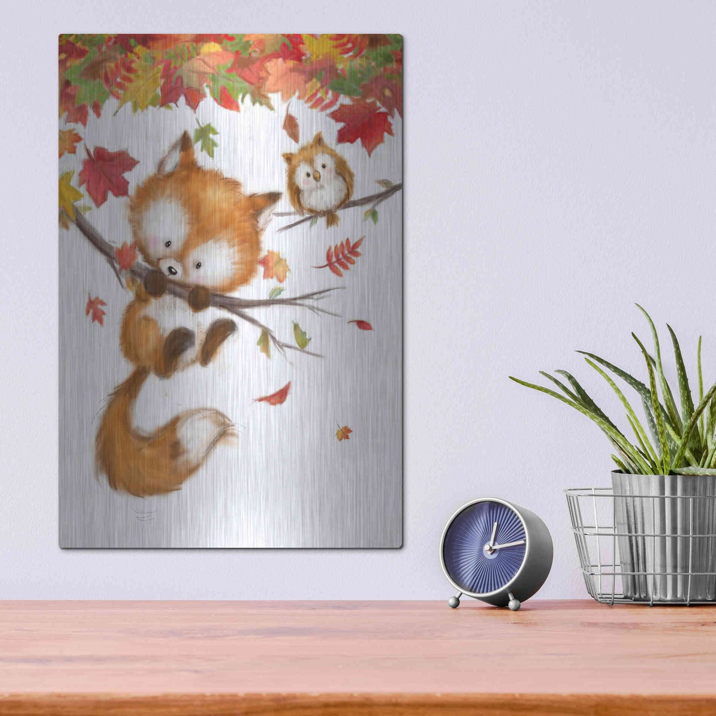Luxe Metal Art 'Fox and Owl' by Makiko, Metal Wall Art,12x16